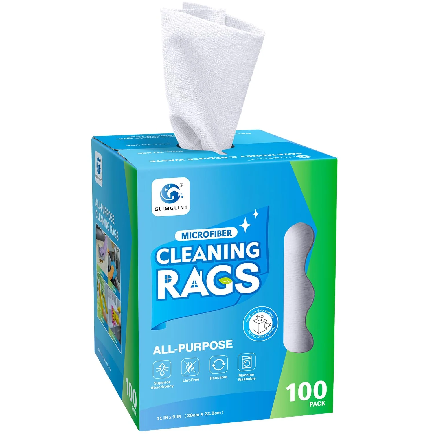 GLIMGLINT White Microfiber Cleaning Cloth, 100 Pack Cleaning Rags, Lint-Free, Ultra Absorbent Reusable Paper Towels for Home, Kitchen, Car, Garage or Shop, Dish Rags, 11" x 9"