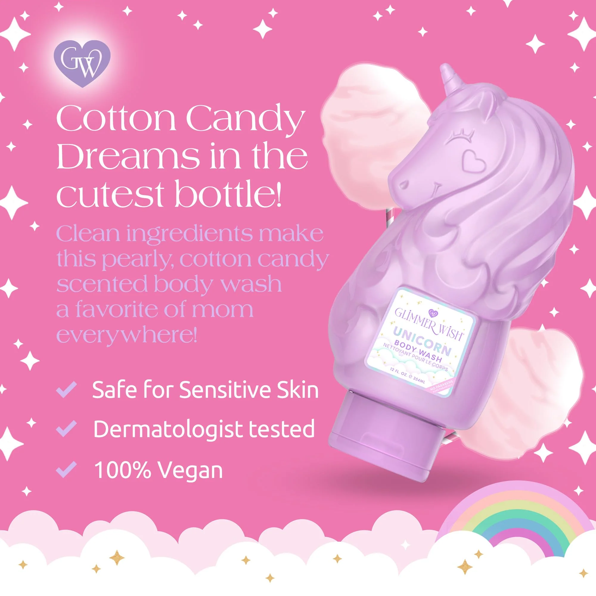 Glimmer Wish Unicorn Kids Body Wash, Gentle Cleanser and Moisturizing Sulfate Free Body Wash, Skin Care for Kids, Vanilla Cotton Candy, 12 Fl Oz - Image 5