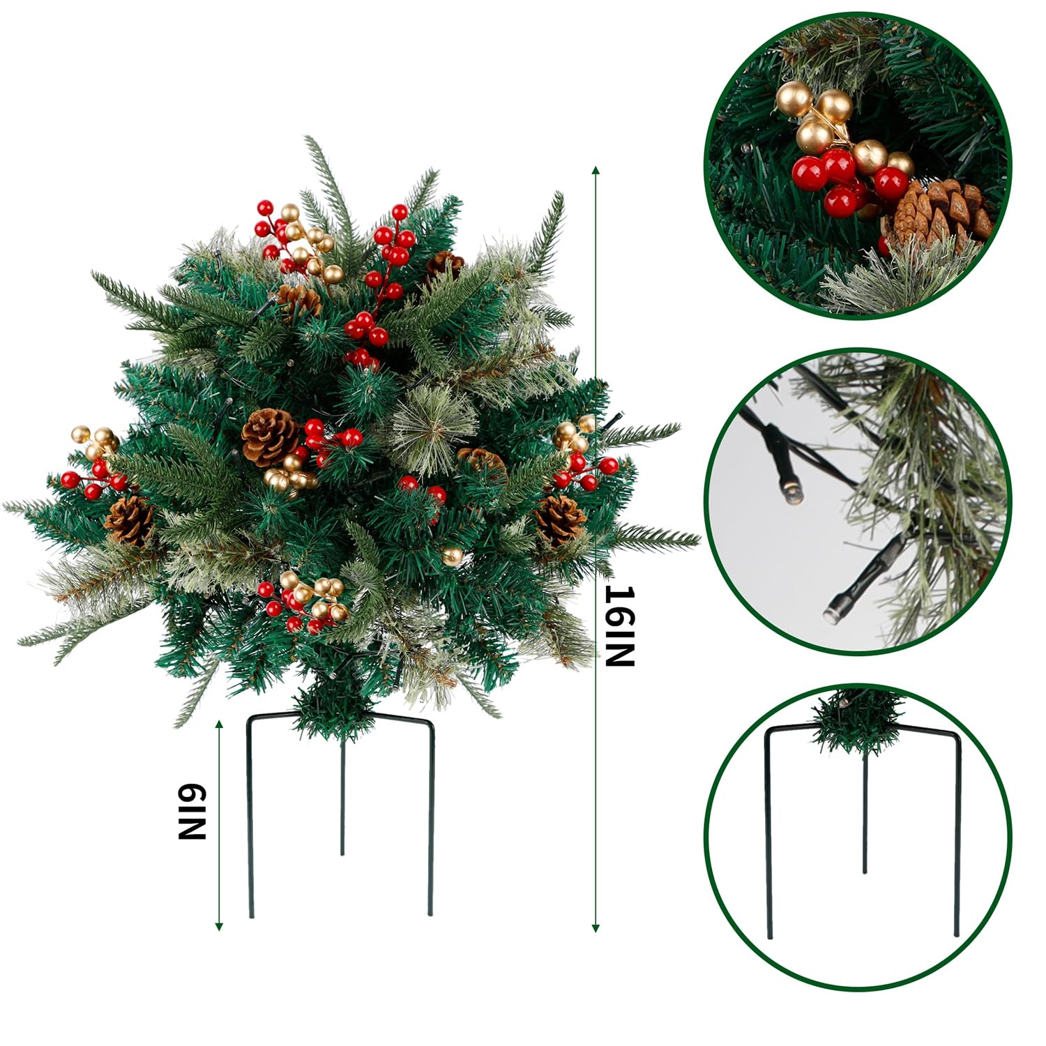 Glintoper Lighted Artificial Christmas Urn Filler, Pre-lit Xmas Pine Trees with Cones, Golden & Red Berries, Tripod Stake and 60 LED Lights, Outdoor Light Up Planter Filler Holiday Home Decor, 2 Pack - Image 5