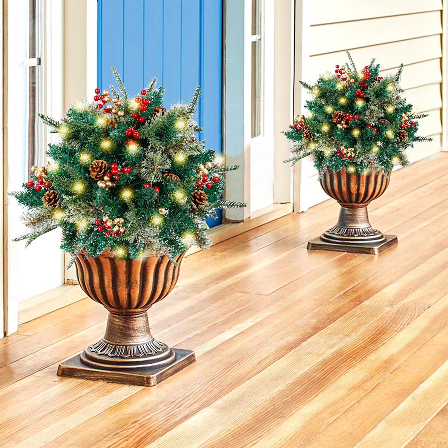 Glintoper Lighted Artificial Christmas Urn Filler, Pre-lit Xmas Pine Trees with Cones, Golden & Red Berries, Tripod Stake and 60 LED Lights, Outdoor Light Up Planter Filler Holiday Home Decor, 2 Pack - Image 7