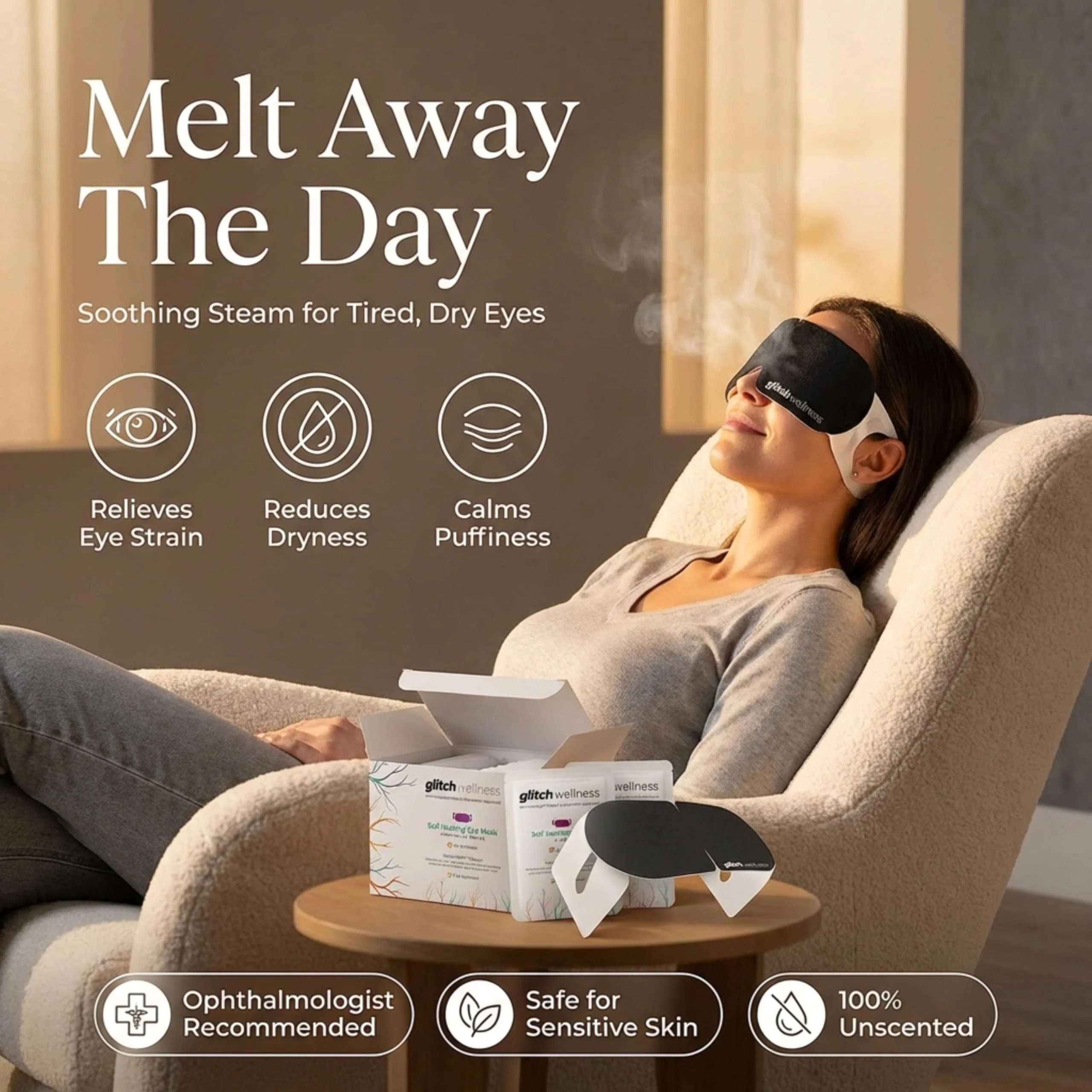 Glitch Self Heating Eye Mask - Steam Eye Mask for Dry Eyes, Soothing Relief, Stress Reduction - Disposable Warm Eye Compress Moist Heat - Image 3