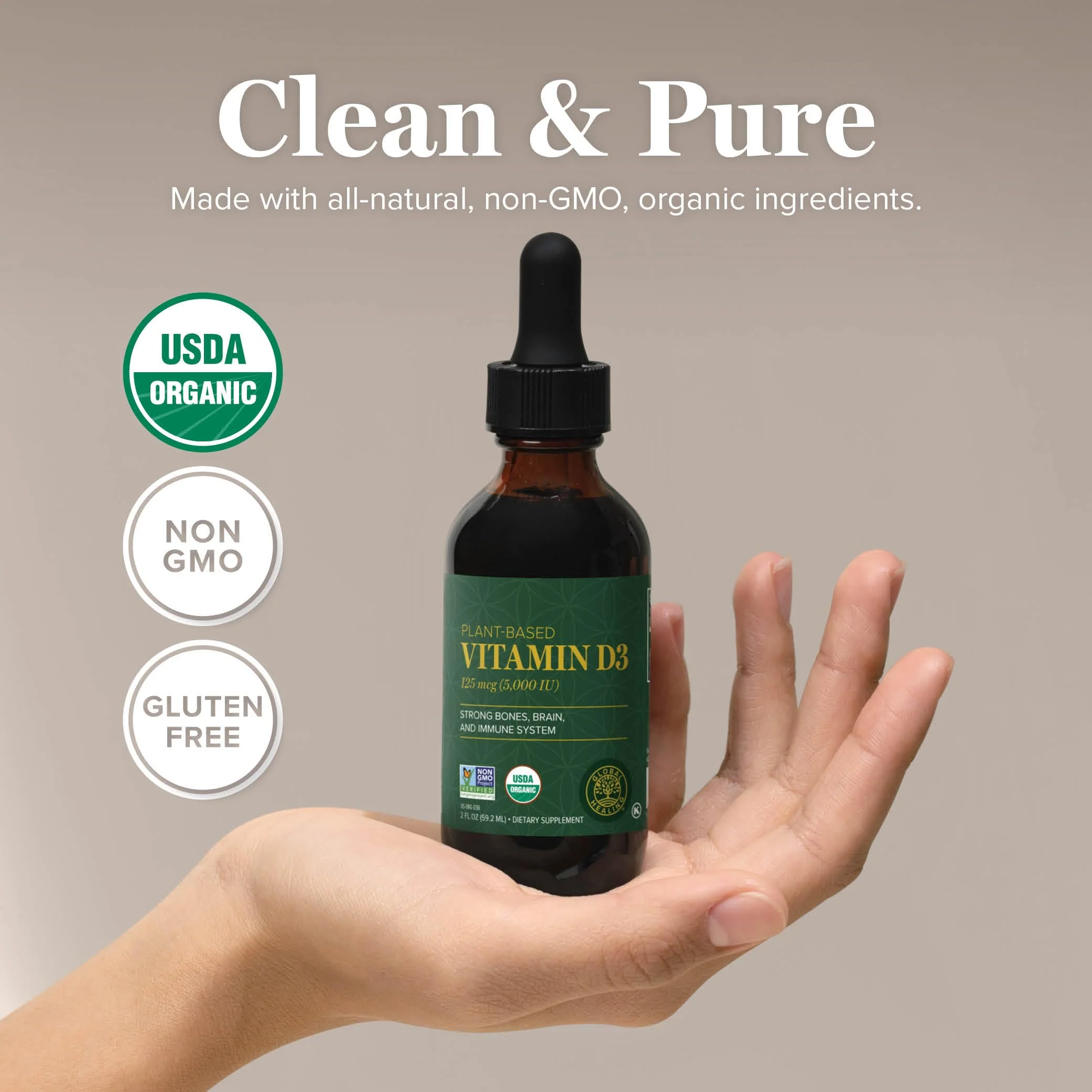 Global Healing Organic Vitamin D3 5000 IU Supplement - Vegan Vitamin D Supplements for Immune Health & Strong Bones Support - Pure D3 Vitamin 5000 IU Ingredients, Vit D3 - 2 Fl Oz - Image 4