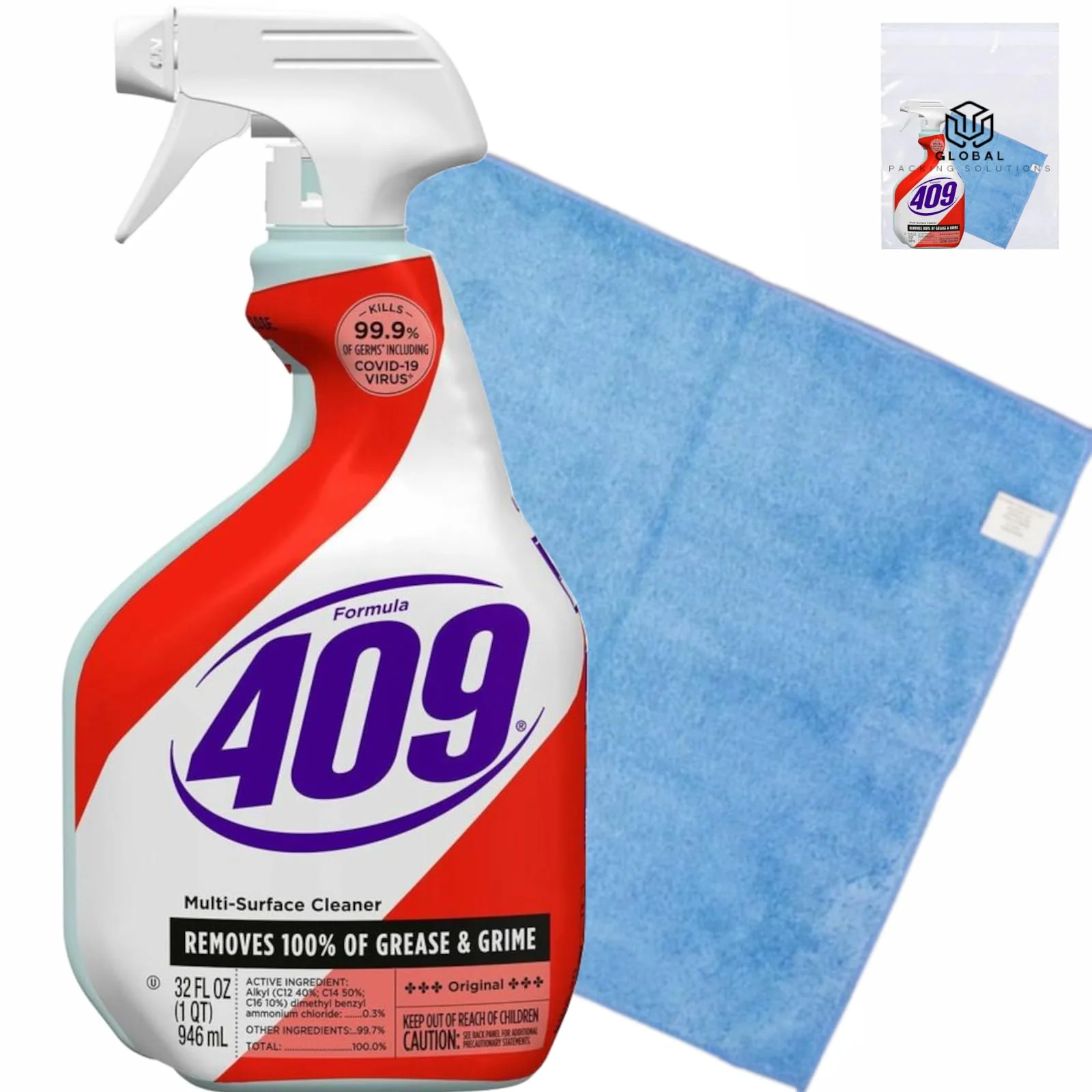 GLOBAL PACKING SOLUTIONS 409 Multi-Surface Antibacterial Cleaner Degreaser Spray 32 oz Kills 99.9% of Germs Including COVID-19 Virus bundled with Microfiber Cleaning Cloth