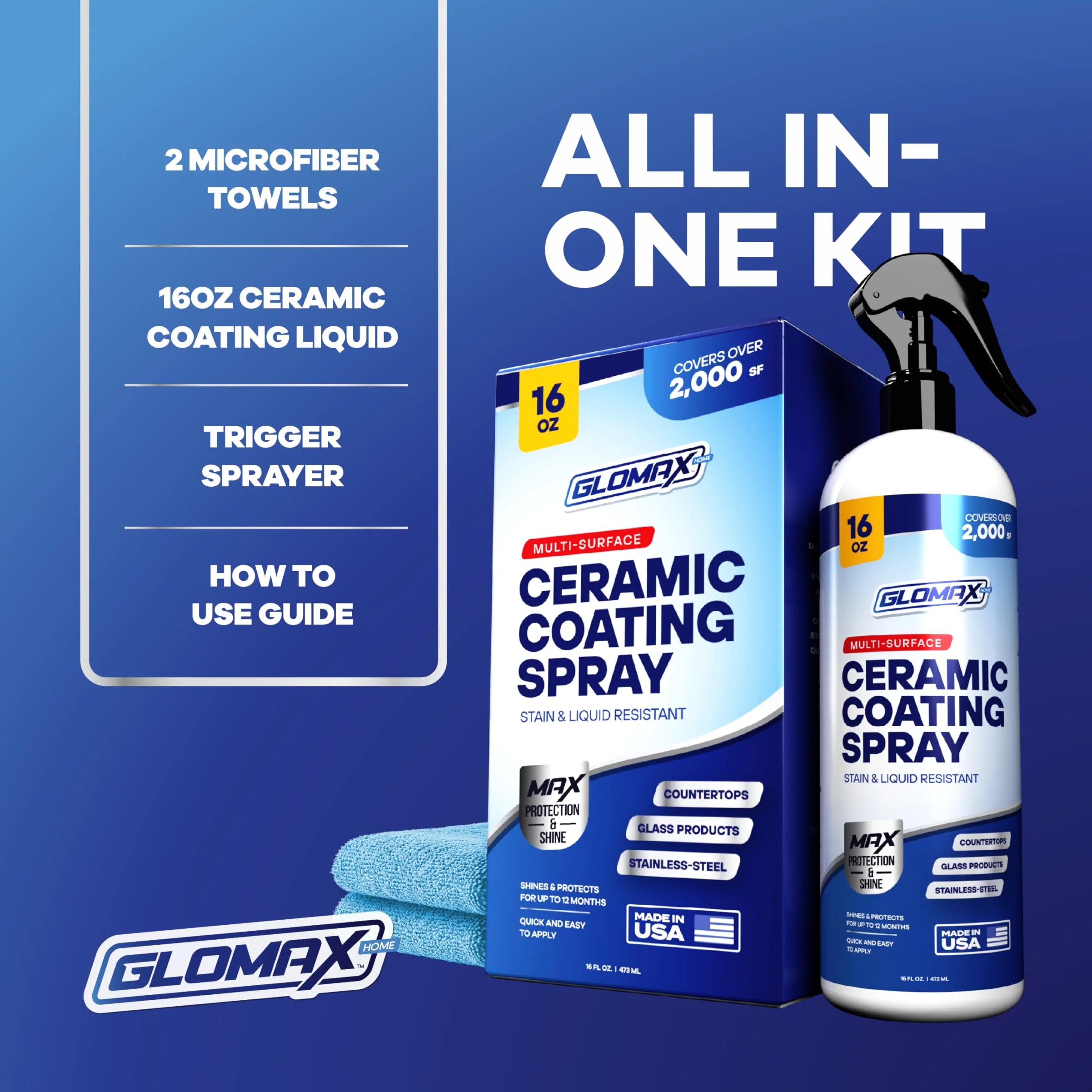 GLOMAX Home Ceramic Coating Spray Kit (16 oz) - Shine, Seal & Protect Stainless Steal, Glass, Kitchen & Bath Surfaces - Extremely Hydrophobic - Repels Stains & Grime - Includes 2 Micro Fiber Towels - Image 7