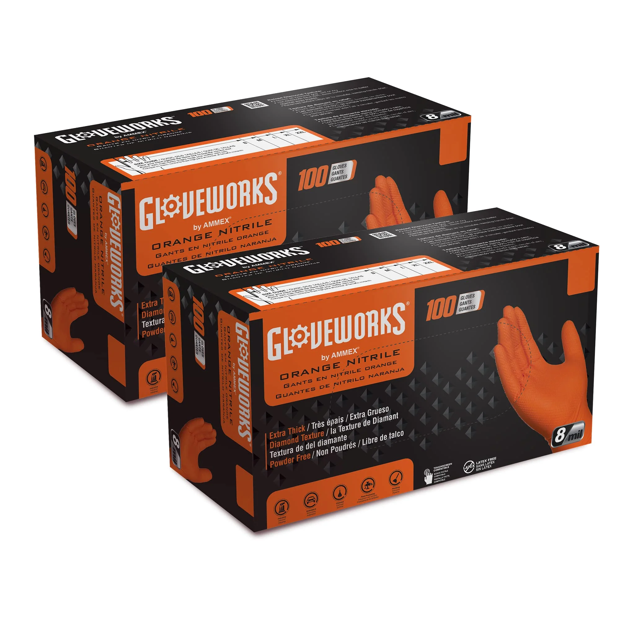 GLOVEWORKS 8 Mil Orange Nitrile Disposable Gloves Heavy Duty Industrial RDT for Mechanic and Automotive Medium 2 Boxes of 100