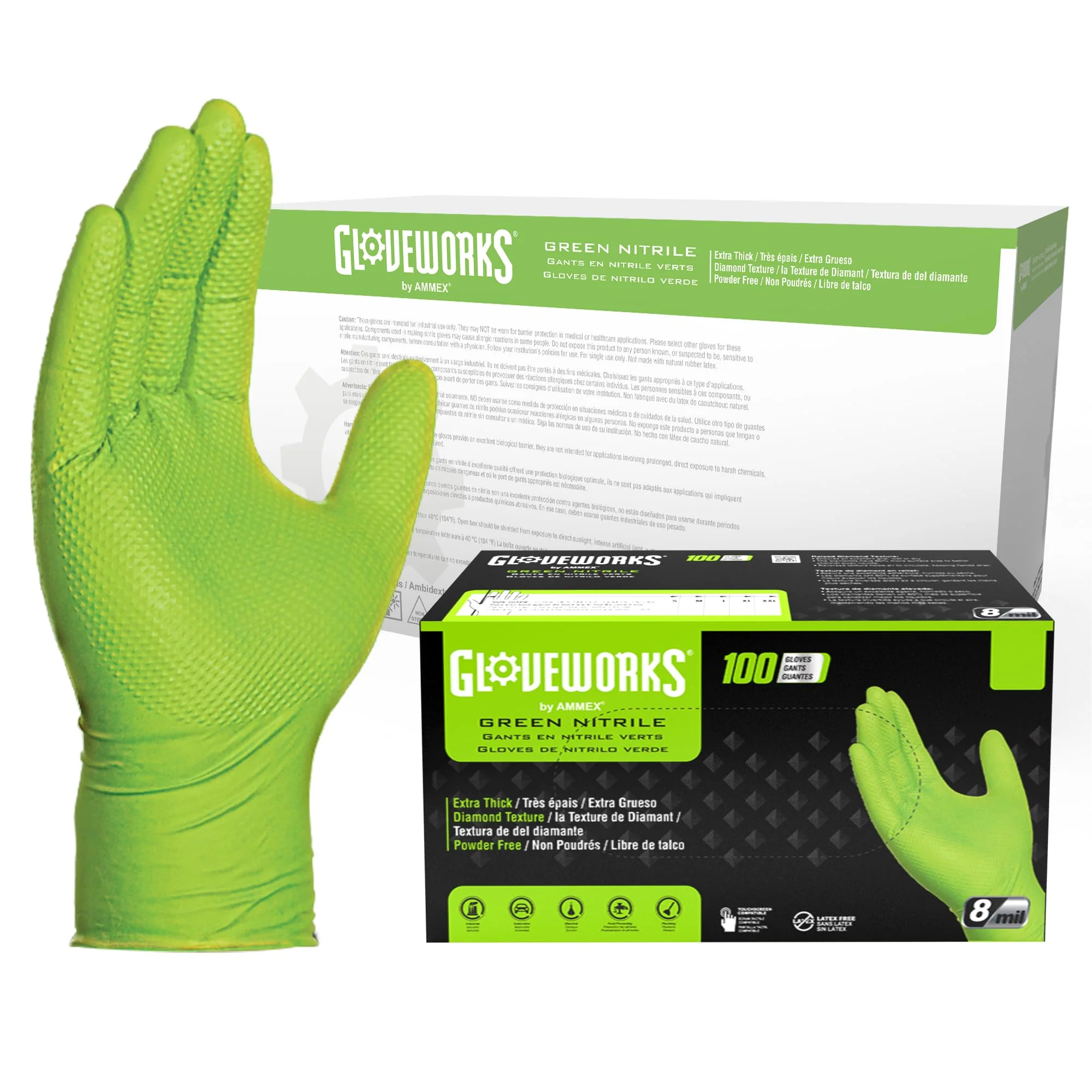 GLOVEWORKS HD Green Nitrile Industrial Disposable Gloves, 8 Mil, Latex-Free, Raised Diamond Texture, Medium, Case of 1000