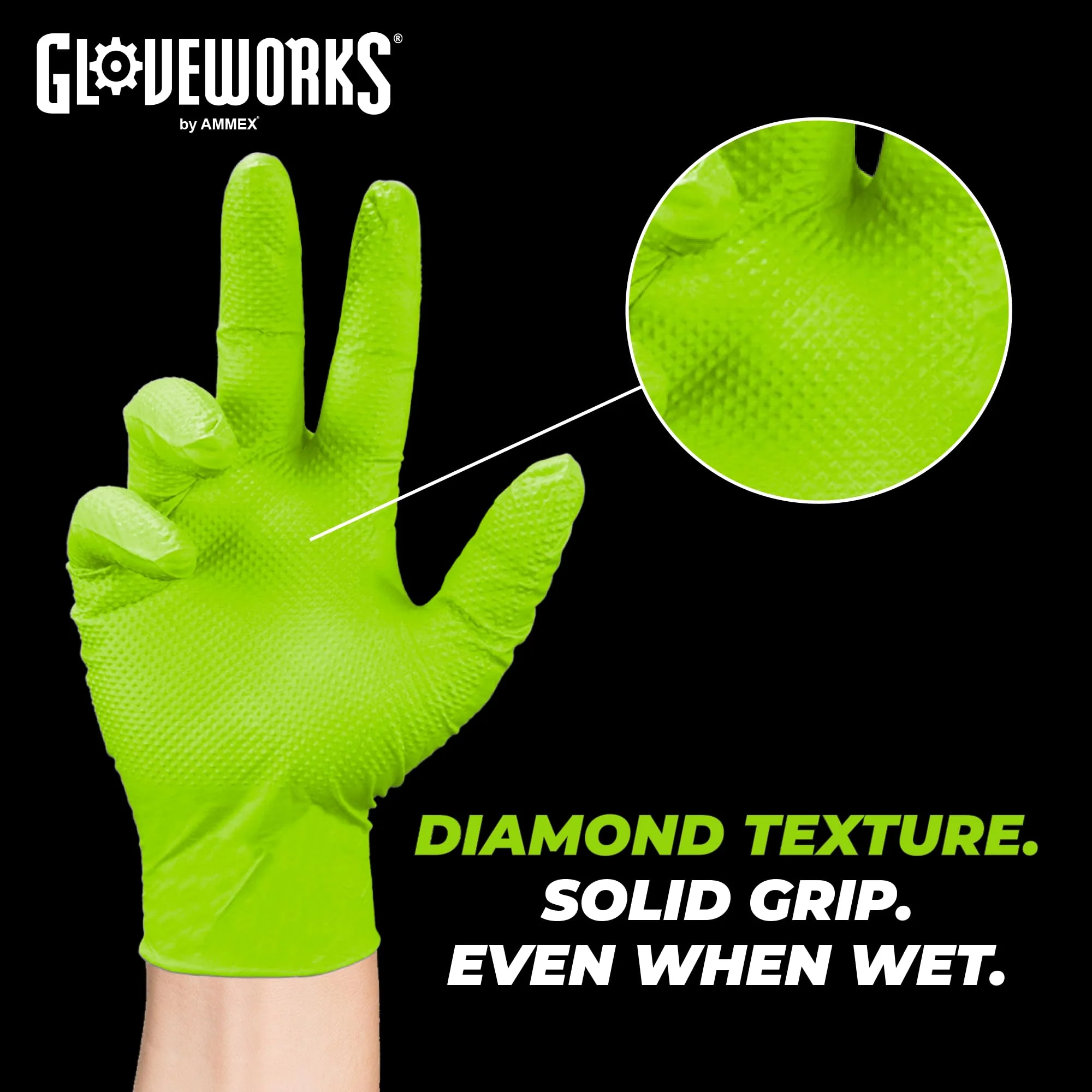 GLOVEWORKS HD Green Nitrile Industrial Disposable Gloves, 8 Mil, Latex-Free, Raised Diamond Texture, Medium, Case of 1000 - Image 4