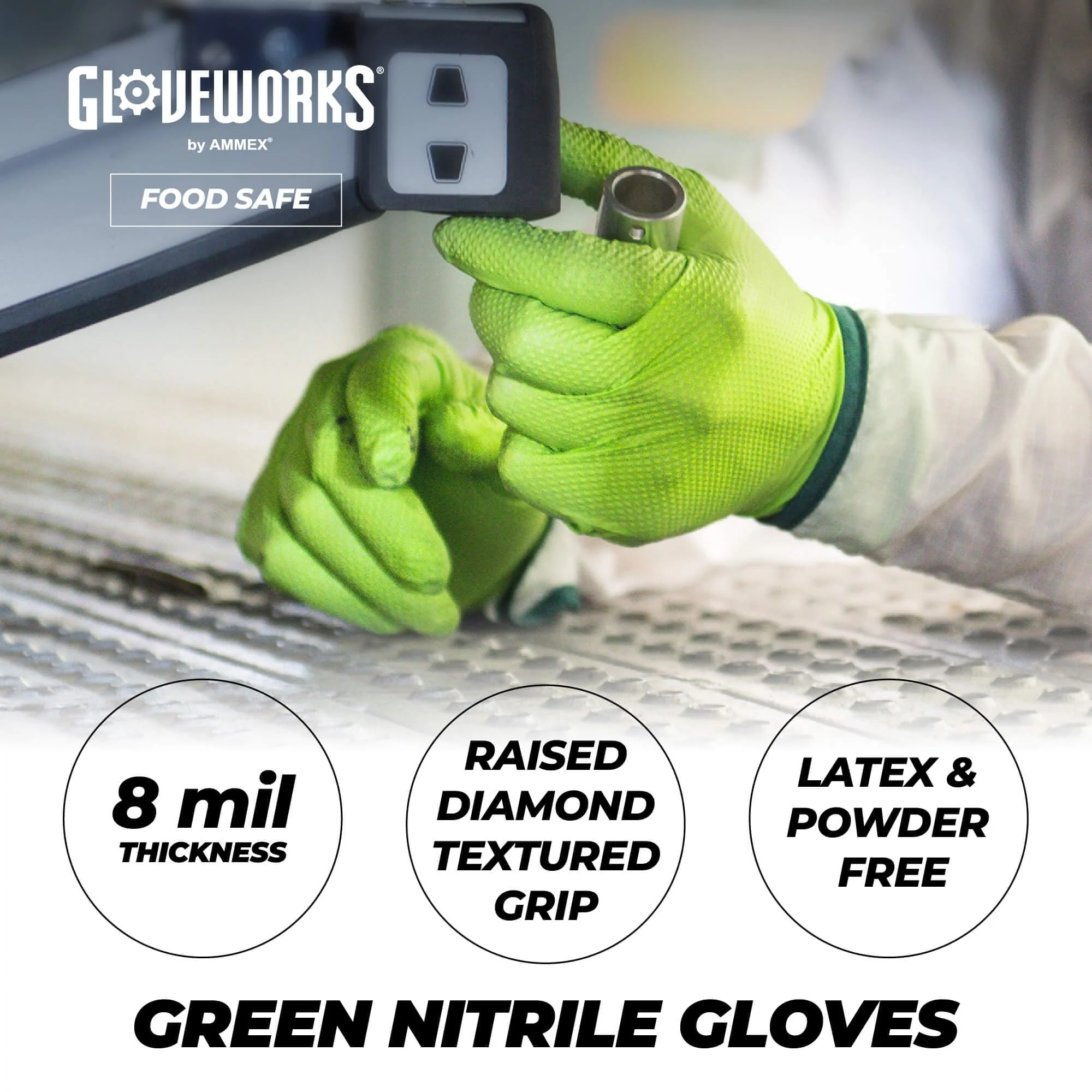 GLOVEWORKS HD Green Nitrile Industrial Disposable Gloves, 8 Mil, Latex-Free, Raised Diamond Texture, Medium, Case of 1000 - Image 7