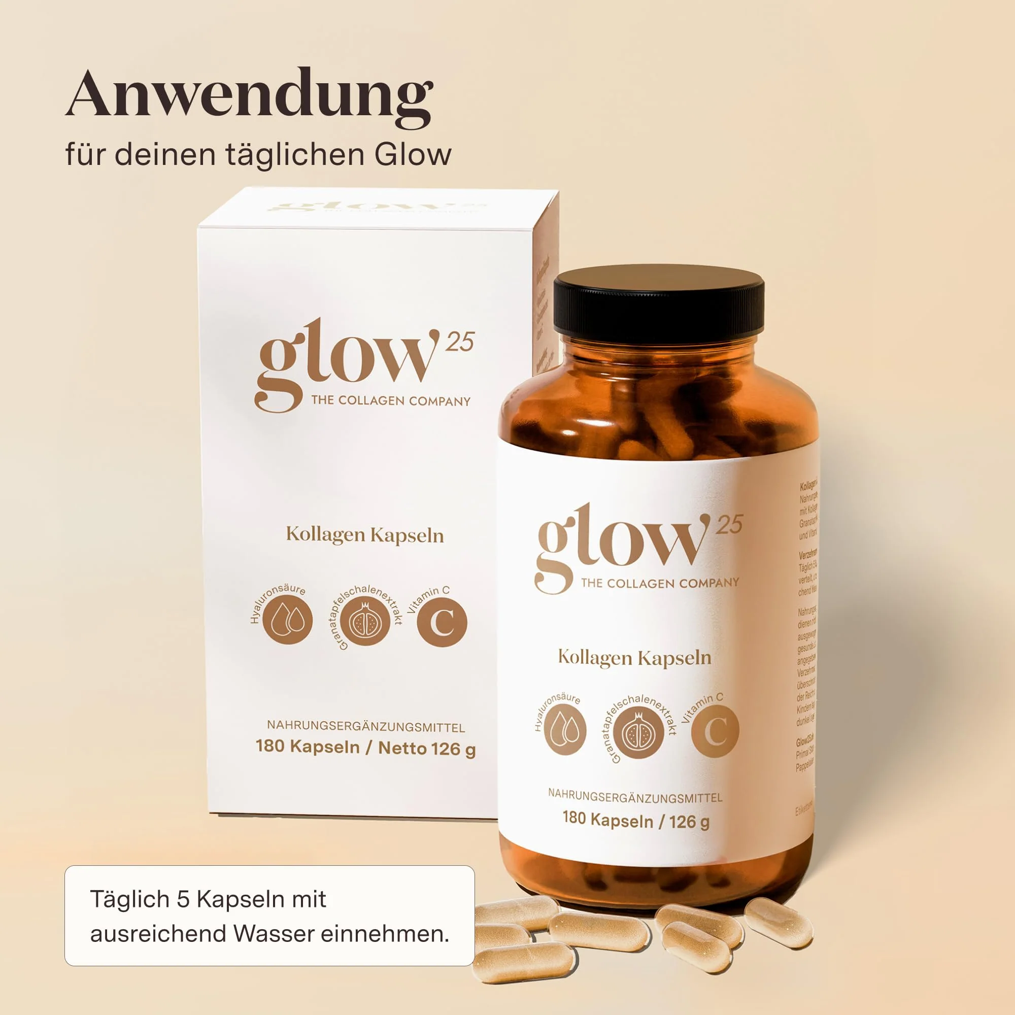 Glow25® Kollagen Kapseln hochdosiert [180 Kapseln] mit Hyaluronsäure und Vitamin C | Premium Collagen Complex für eine schöne Haut | Ohne Zusatzstoffe | Laborgeprüft | Made in Germany - Image 3