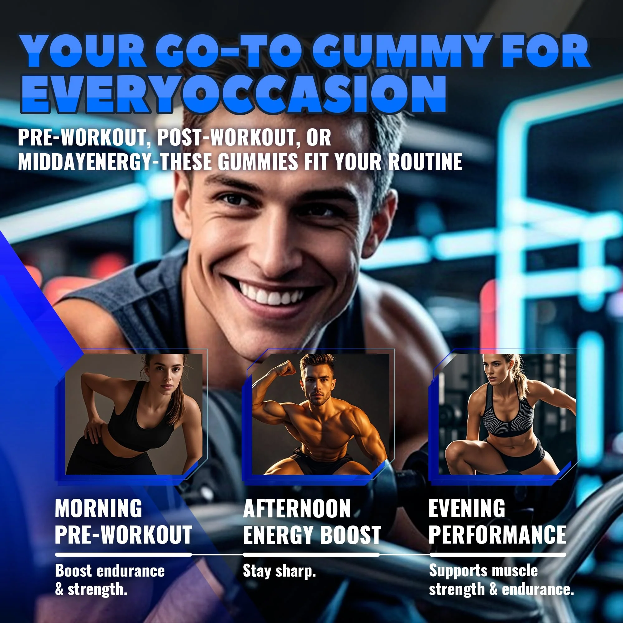 GlucoBio Creatine Monohydrate Gummies (5g) – Pre-Workout Energy & Muscle Growth Support for Men & Women | Blueberry Electrolyte Gummies (135 Count) - Image 3