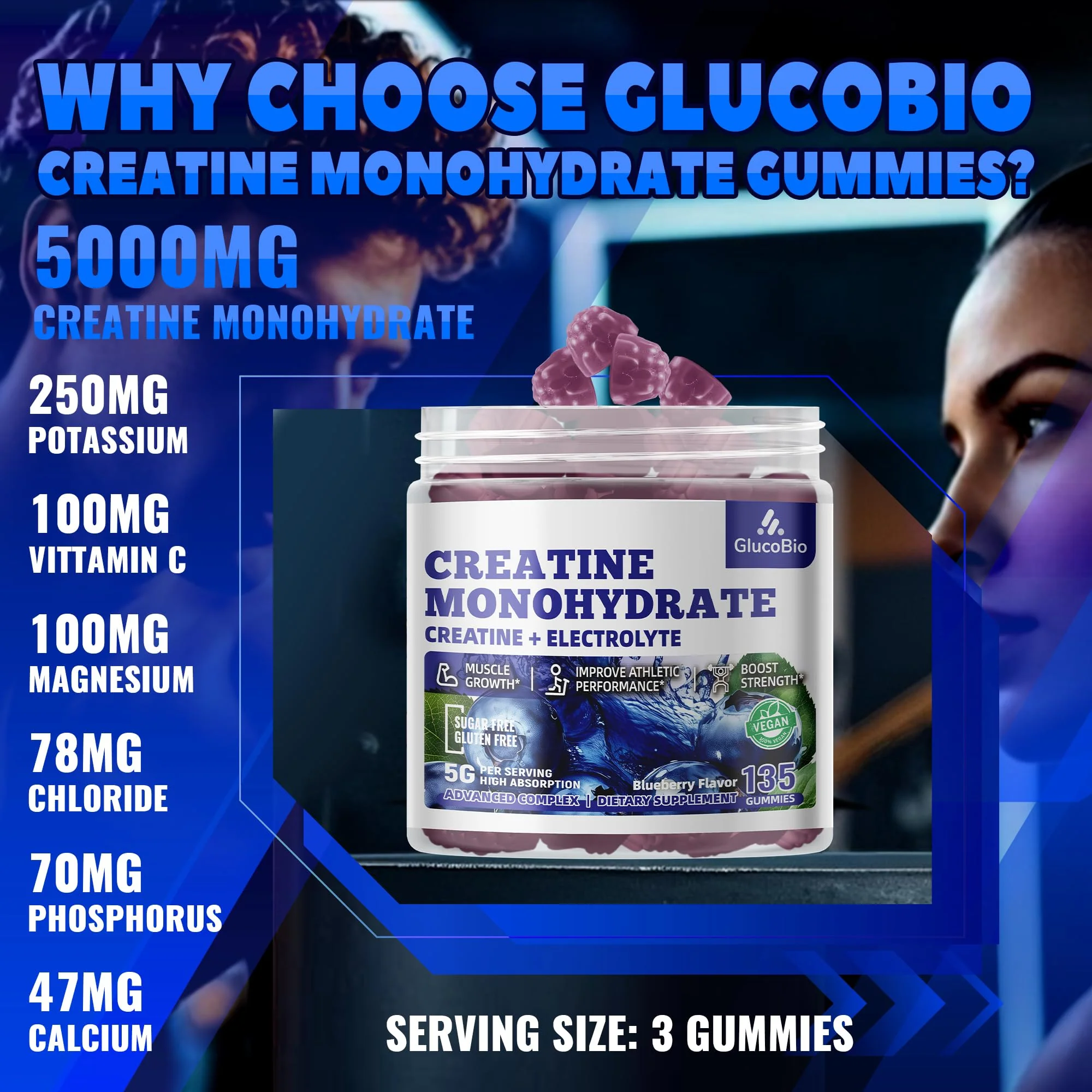 GlucoBio Creatine Monohydrate Gummies (5g) – Pre-Workout Energy & Muscle Growth Support for Men & Women | Blueberry Electrolyte Gummies (135 Count) - Image 8