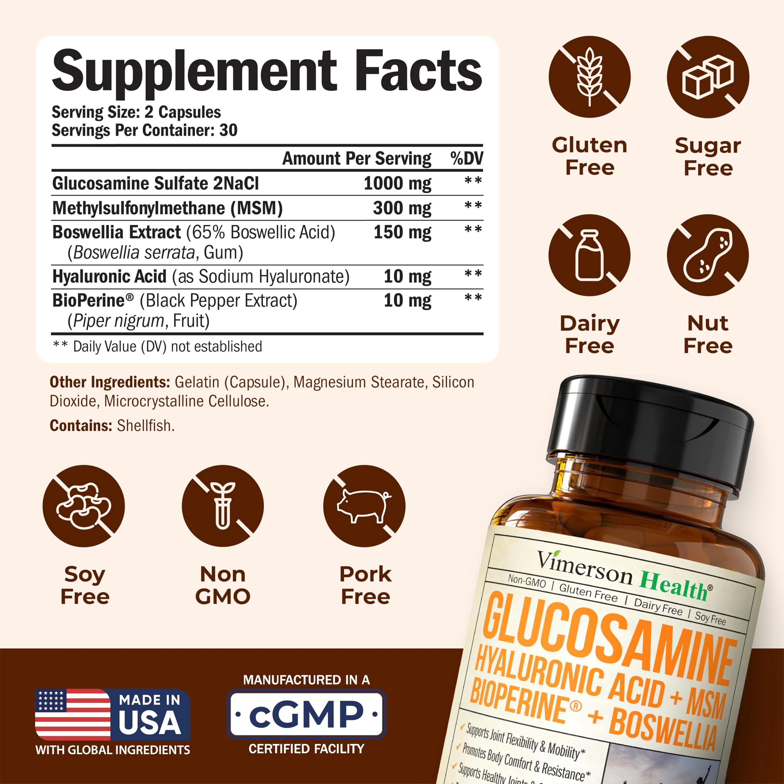 Glucosamine Sulfate with Hyaluronic Acid, Boswellia, Black Pepper & MSM Supplement – 5-in-1 Joint Supplements for Men and Women – Joint Health, Mobility & Bone Strength – FSA Eligible 60 Caps - Image 8