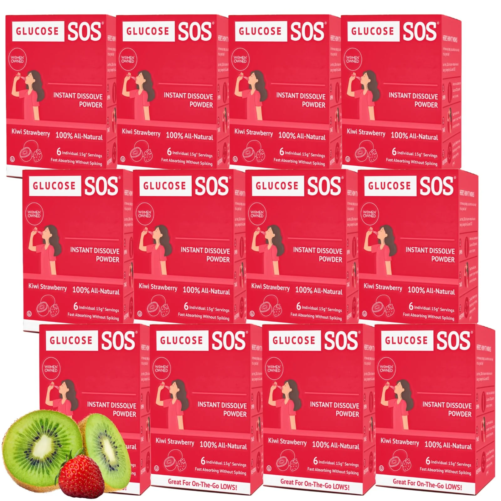 Glucose SOS Glucose Powder Packets with Natural Dextrose, Fast-Absorption That Instantly Dissolves in Your Mouth with No Water Needed, Kiwi Strawberry 72 Servings