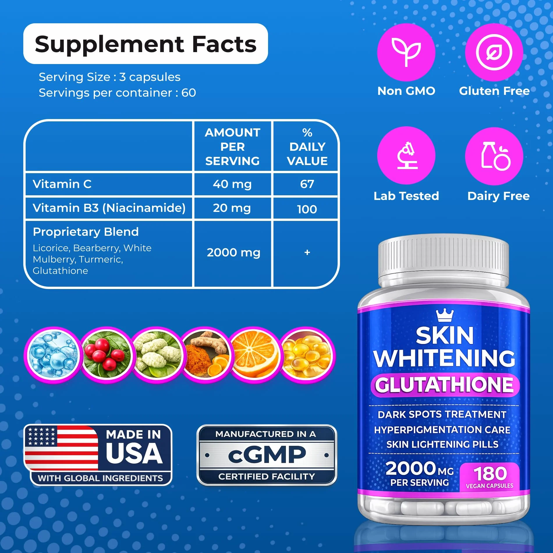 Glutathione Whitening Pills - 180 Capsules 2000mg Glutathione - Effective Skin Lightening Supplement - Dark Spots, Melasma & Acne Scar Remover, Hyperpigmentation Treatment - Anti-Aging Antioxidant - Image 2