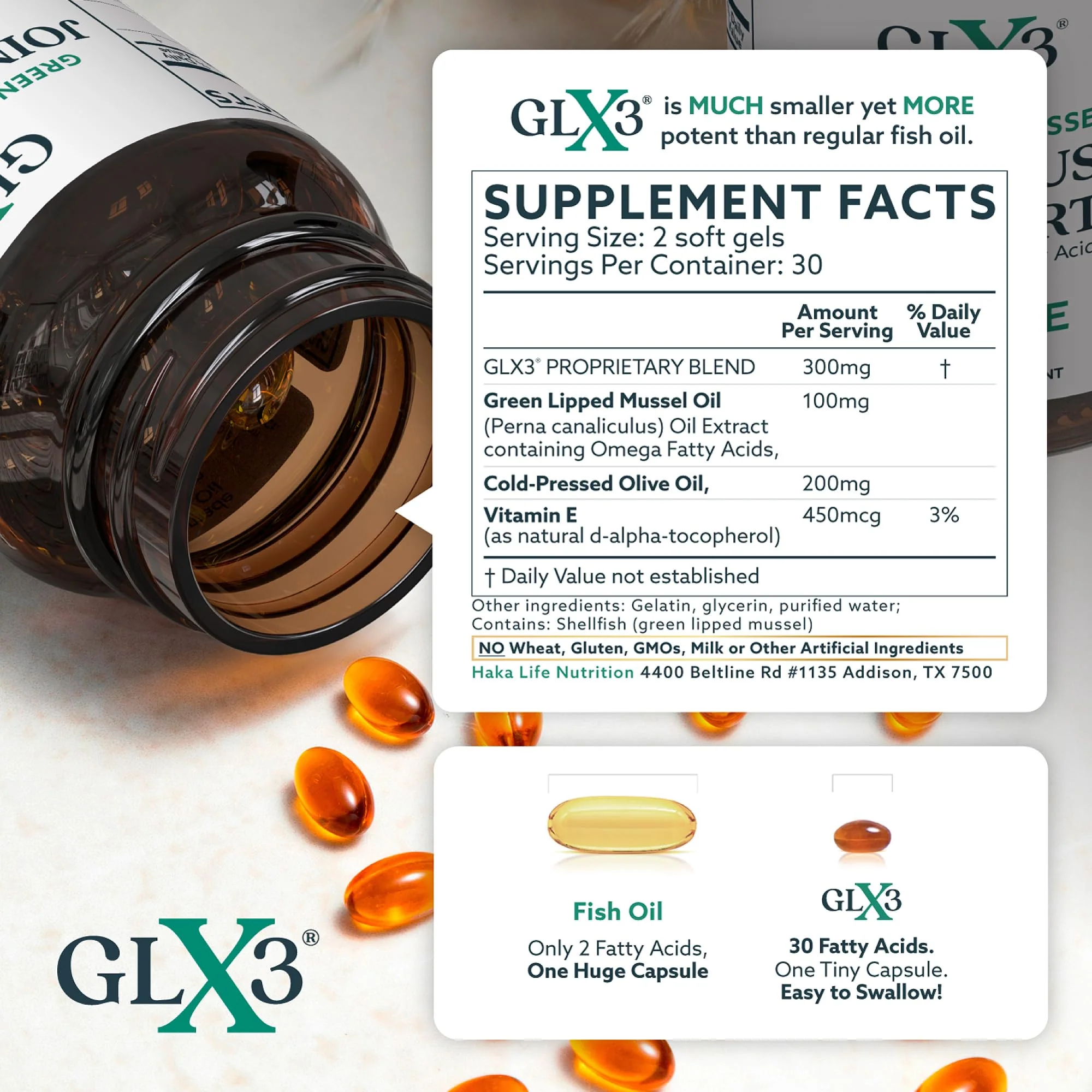 GLX3 Joint Support Extra Strength Omega-3 Supplement | Premium New Zealand Green Lipped Mussel Oil - Comfort, Flexibility, Muscle Recovery - ETA EPA DHA Omega 3 Supplement Capsules by Haka Life - Image 2