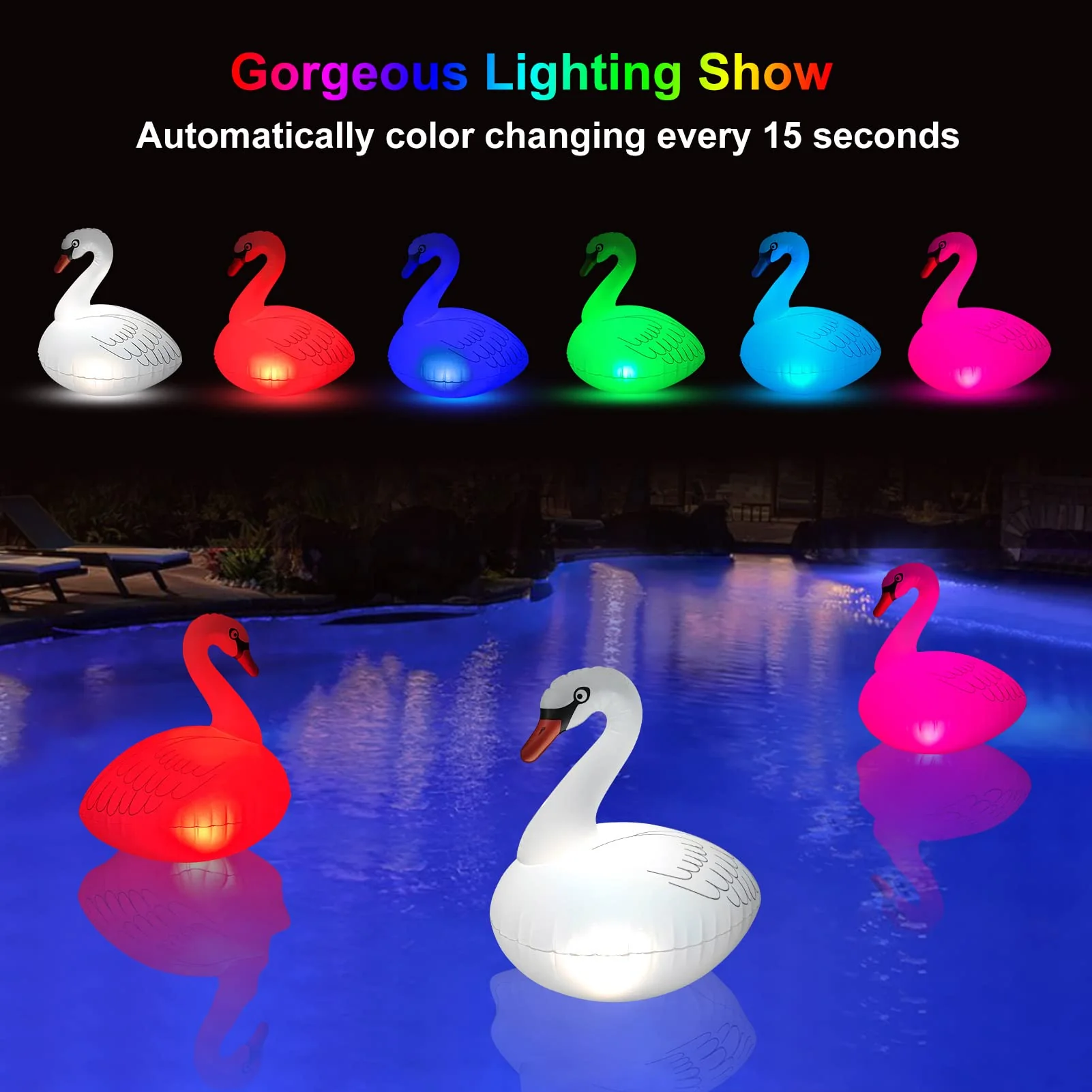 Goallim Swan Floating Solar Lights - Waterproof Inflatable Colorful Changing LED Pool Light for Beach, Garden, Backyard and more - Image 7