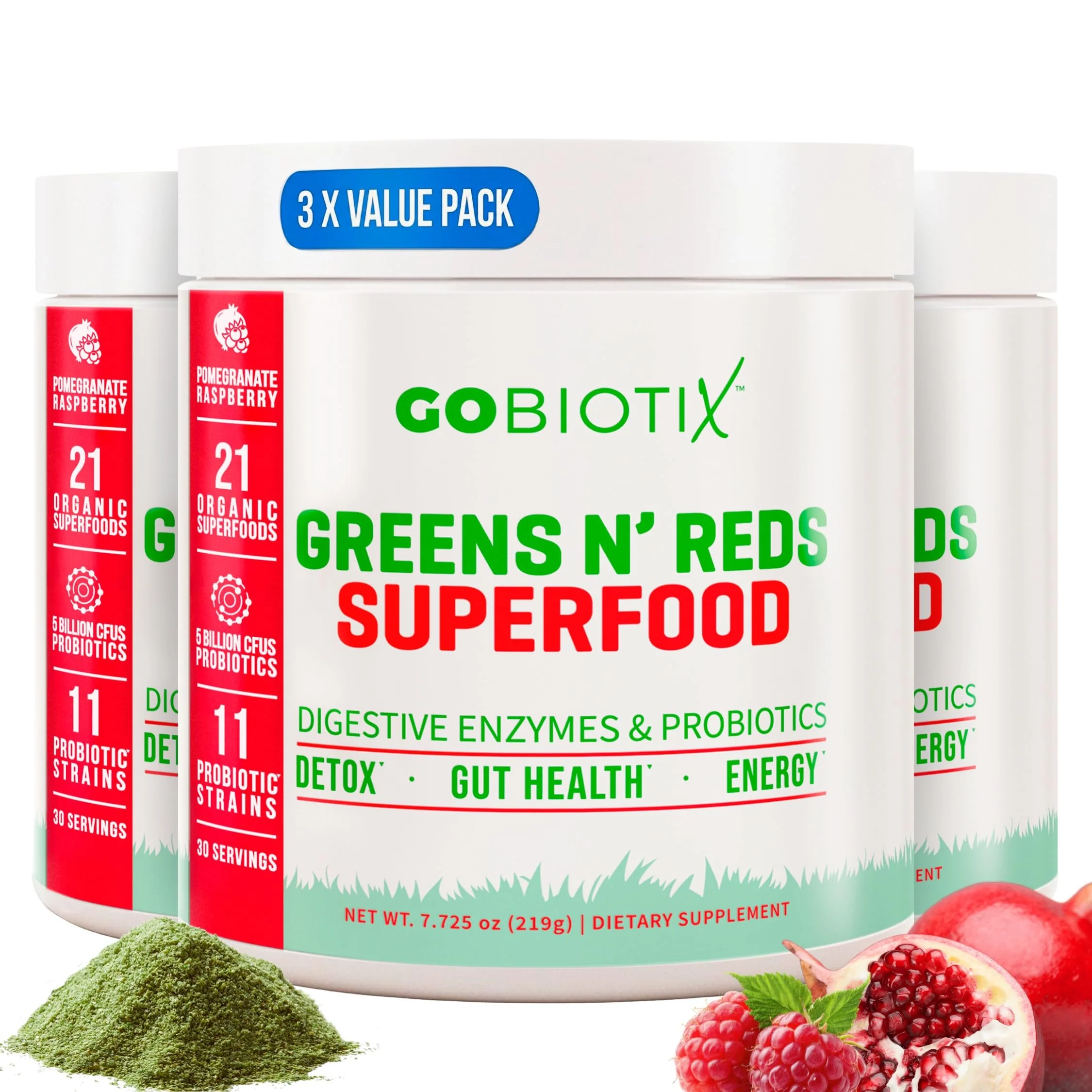 GOBIOTIX Super Greens Powder with Organic Spirulina - Superfood Supplement with Fruit Blend, Probiotics and Enzymes for Digestive Health - Vegan, Non-GMO - 30 Servings (Pomegranate Raspberry - 3 Pack)