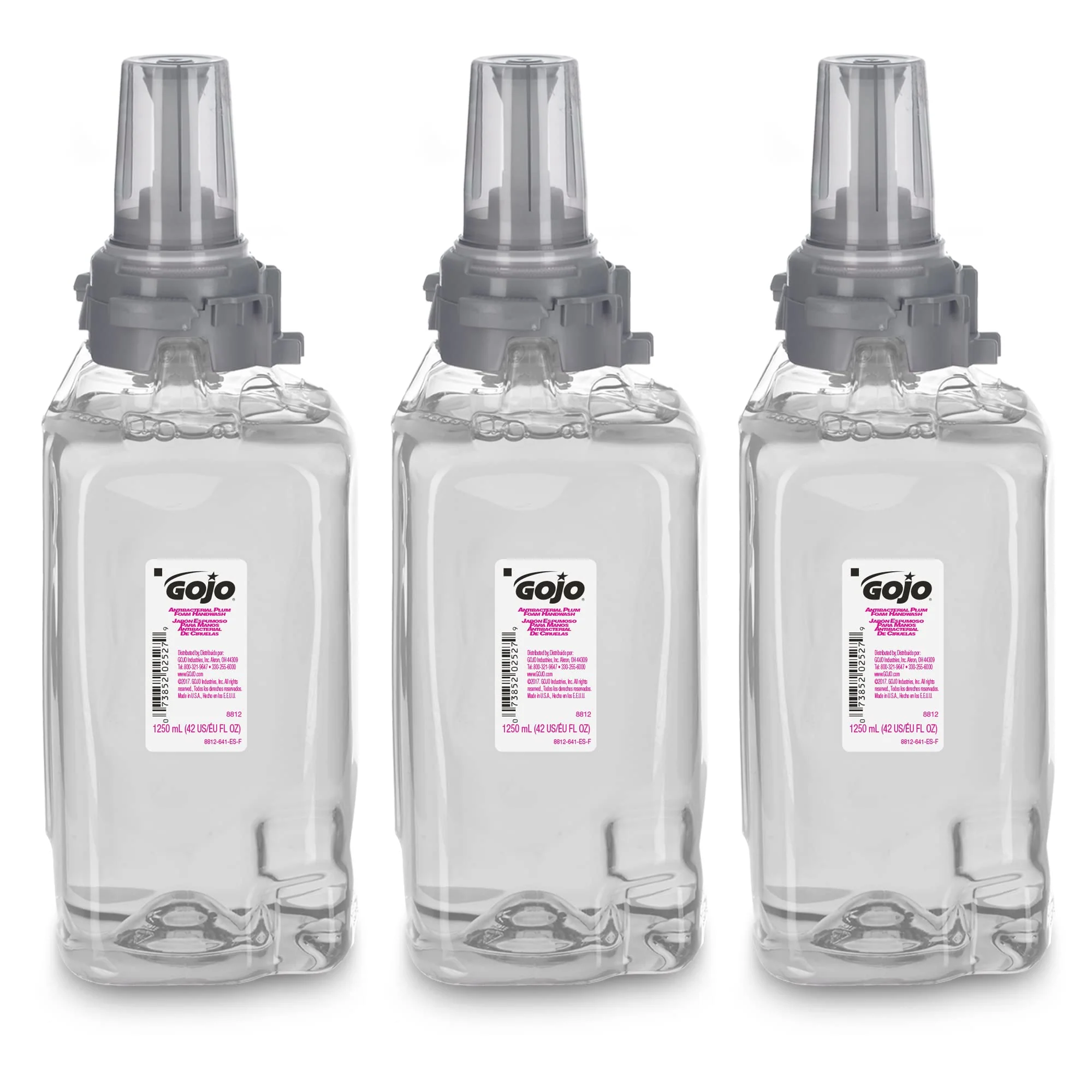 GOJO Antibacterial Foam Handwash, Plum Fragrance, 1250 mL Soap Refill ADX-12 Touch-Free Dispenser (Pack of 3) - 8812-03