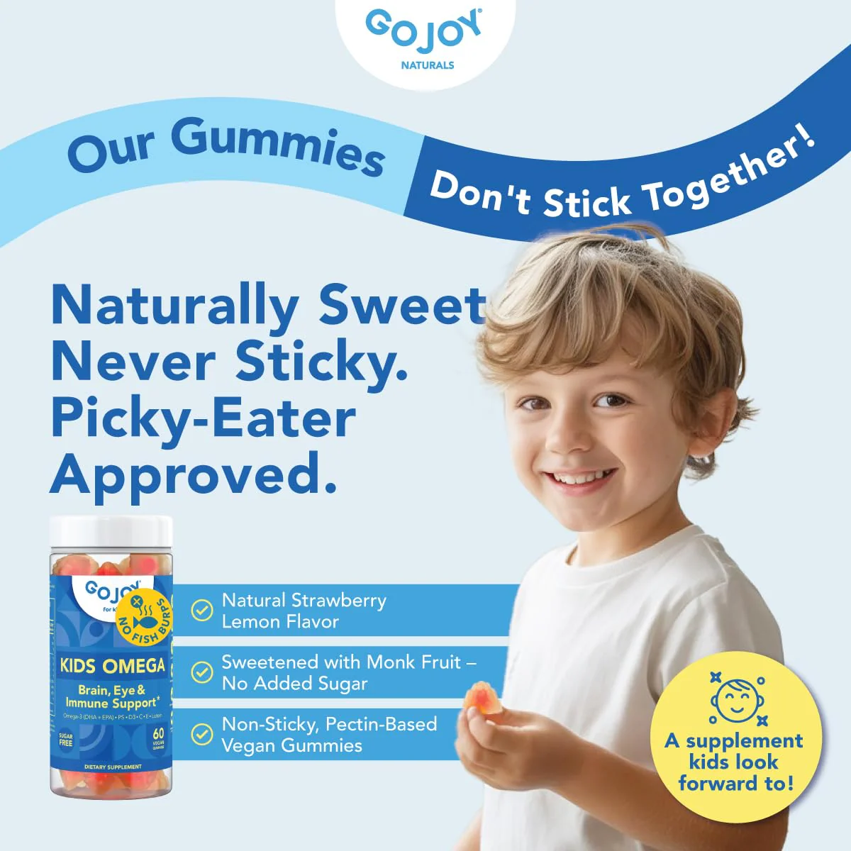 GOJOY Kids Omega 3 DHA Gummies – No Fish Burps, No Sugar – Brain, Eye & Immune Support – Plant-Based Omega-3 from Algae – Vegan, Clean DHA for Toddlers, Children & Kids Ages 3+ - Image 4