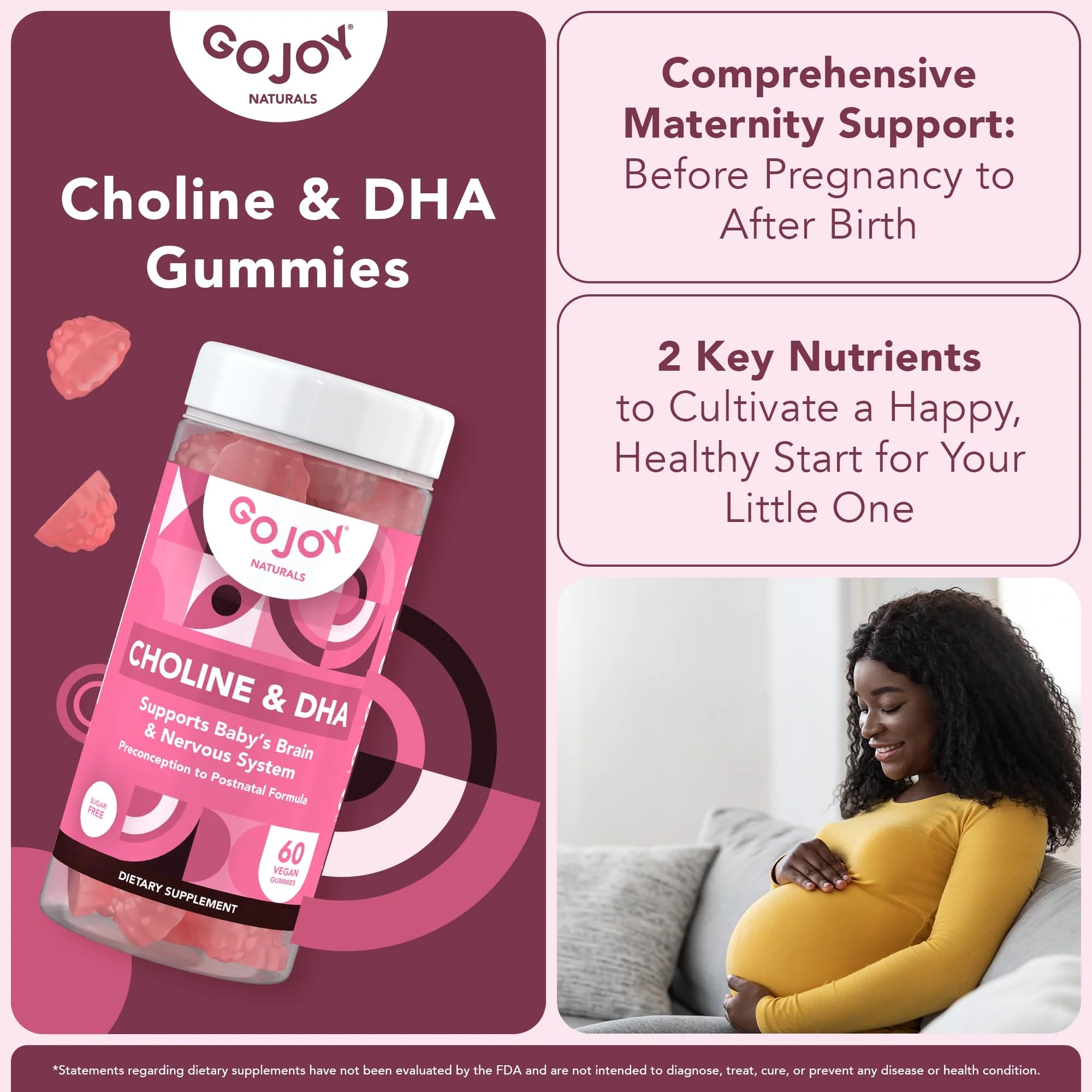 GOJOY NATURALS Prenatal Choline & DHA Gummies - Preconception to Postnatal Gummy Vitamin Supplement for Pregnant Women - Sweetened with Monk Fruit - 3rd Party Tested - Non GMO, Gluten Free, Vegan - Image 6