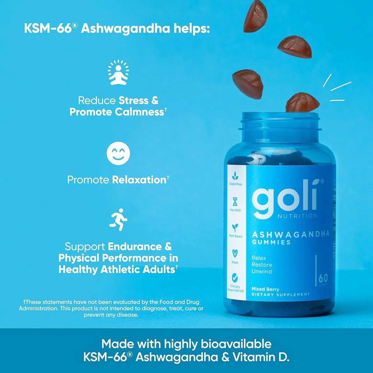 Goli Ashwagandha & Vitamin D Gummy - 60 Count - Mixed Berry, KSM-66, Vegan, Plant Based, Non-GMO, Gluten-Free & Gelatin Free Relax. Restore. Unwind, Pack of 1 - Image 3