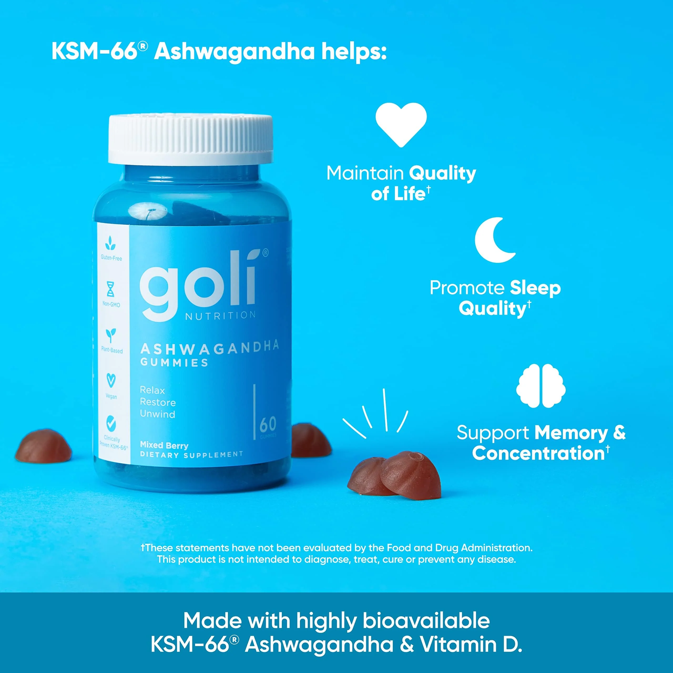 Goli Ashwagandha & Vitamin D Gummy - 60 Count - Mixed Berry, KSM-66, Vegan, Plant Based, Non-GMO, Gluten-Free & Gelatin Free Relax. Restore. Unwind, Pack of 1 - Image 4