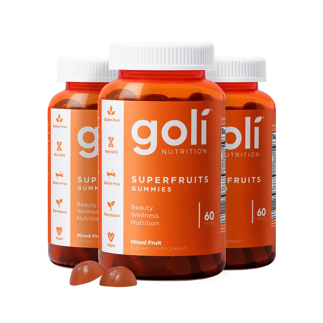 Goli Superfruits Beauty Gummies with Bamboo Silica - Vitamins A, C, E, Zinc - Collagen Support with Superfruit Blend - Vegan, Non-GMO, Gluten-Free - 60 Count (Pack of 3)