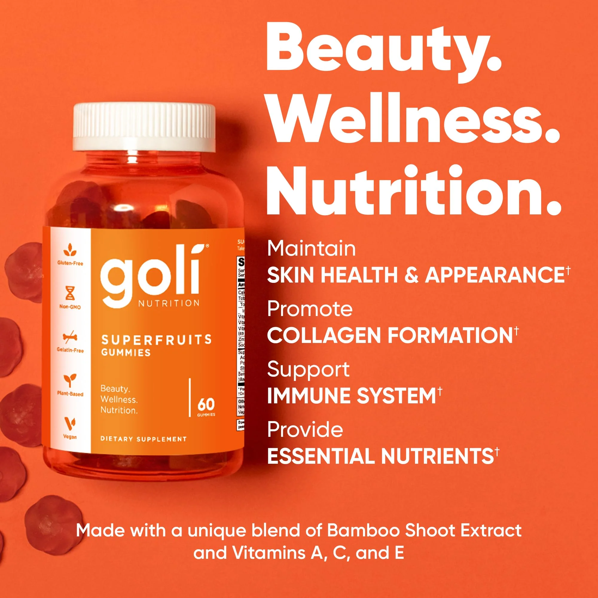 Goli Superfruits Beauty Gummies with Bamboo Silica - Vitamins A, C, E, Zinc - Collagen Support with Superfruit Blend - Vegan, Non-GMO, Gluten-Free - 60 Count (Pack of 3) - Image 9