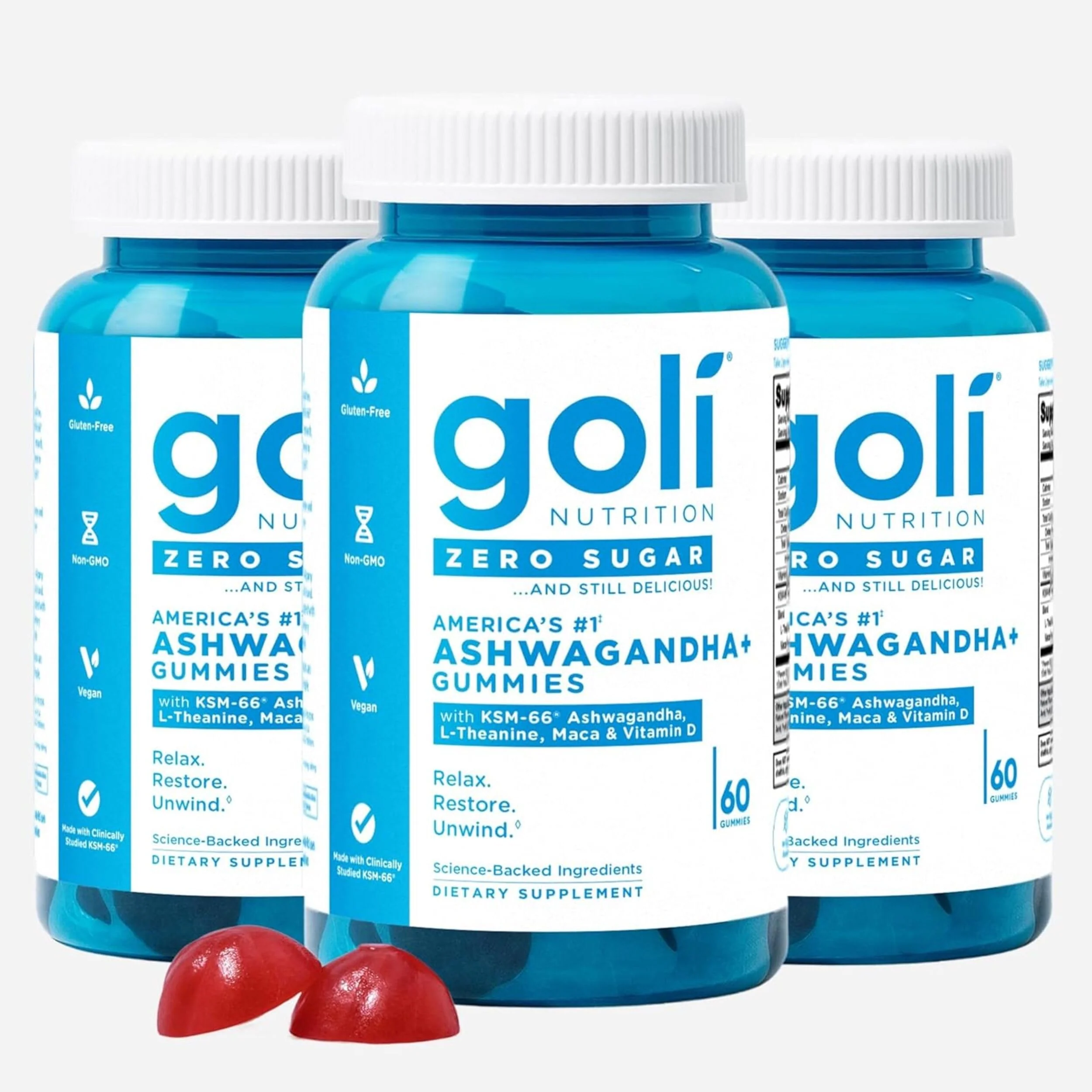 Goli Zero Sugar Ashwagandha & Vitamin D, Maca, L-Theanine Gummies, No Artificial Sweeteners, No Sugar Alcohols. Mixed Berry, KSM-66, Vegan, Plant Based, Non-GMO, Gluten-Free & Gelatin Free. (3)