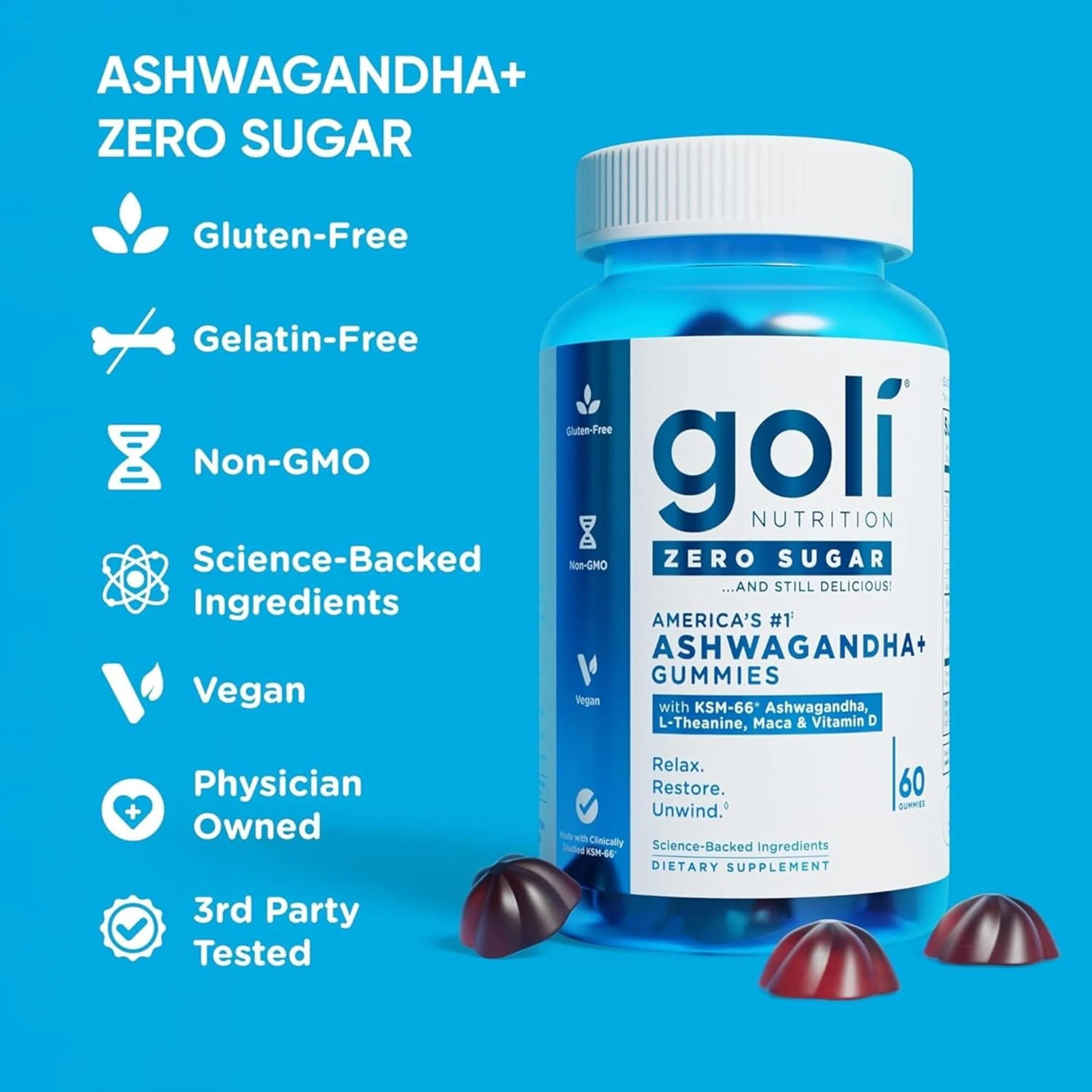 Goli Zero Sugar Ashwagandha & Vitamin D, Maca, L-Theanine Gummies, No Artificial Sweeteners, No Sugar Alcohols. Mixed Berry, KSM-66, Vegan, Plant Based, Non-GMO, Gluten-Free & Gelatin Free. (3) - Image 2