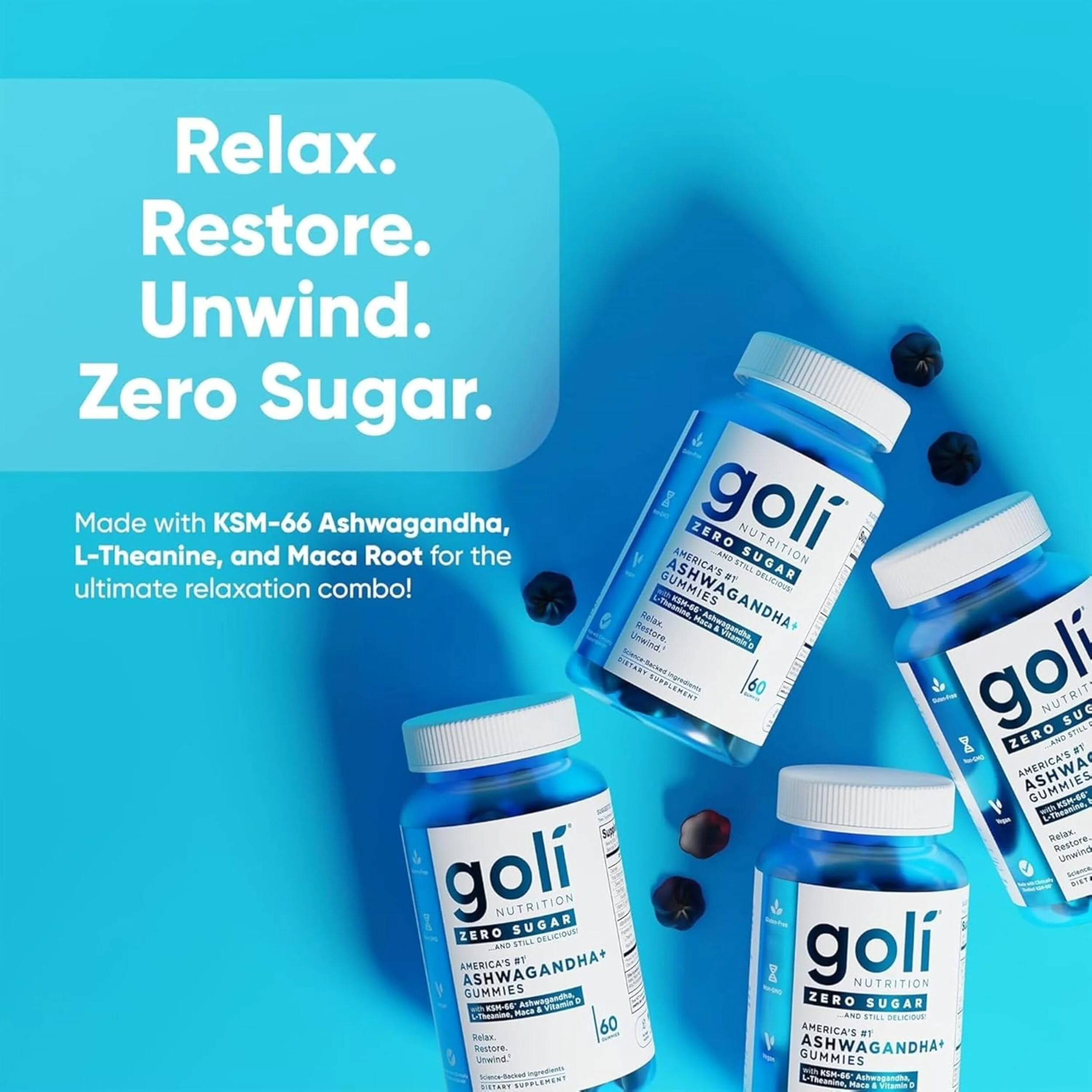 Goli Zero Sugar Ashwagandha & Vitamin D, Maca, L-Theanine Gummies, No Artificial Sweeteners, No Sugar Alcohols. Mixed Berry, KSM-66, Vegan, Plant Based, Non-GMO, Gluten-Free & Gelatin Free. (3) - Image 3