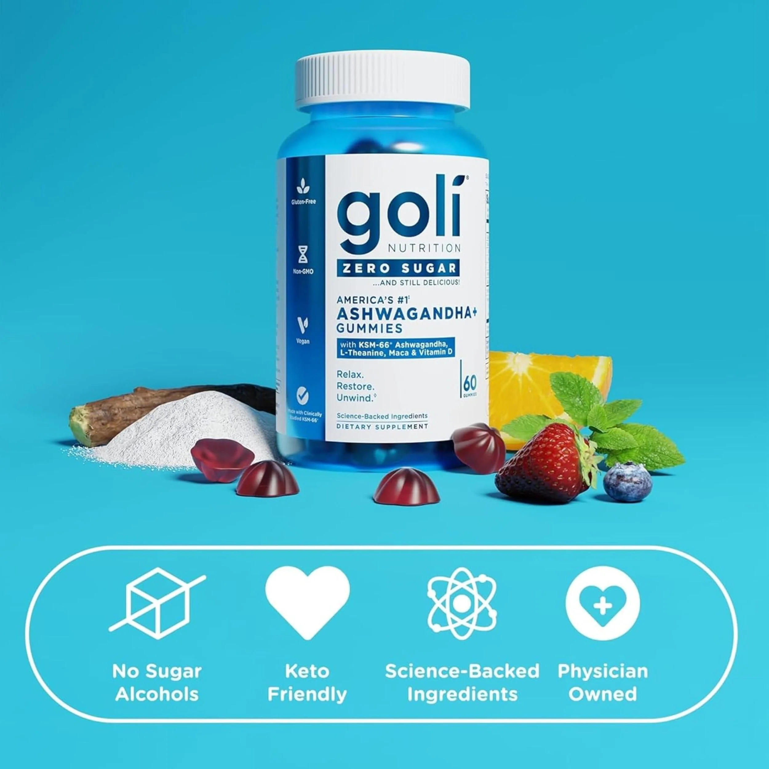 Goli Zero Sugar Ashwagandha & Vitamin D, Maca, L-Theanine Gummies, No Artificial Sweeteners, No Sugar Alcohols. Mixed Berry, KSM-66, Vegan, Plant Based, Non-GMO, Gluten-Free & Gelatin Free. (3) - Image 6