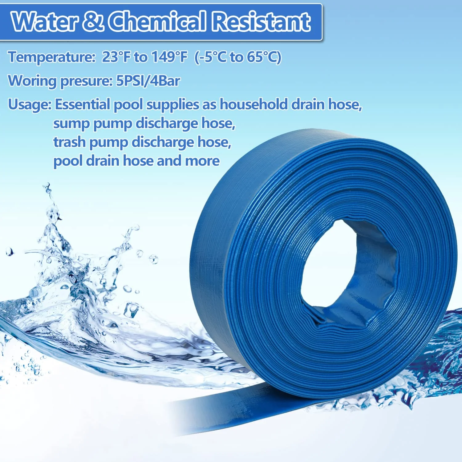 Gonioa 2 inches x 100 FT Heavy-Duty PVC Swimming Pool Backwash Hose, Reinforced Discharge Hose with Clamp for Swimming Pools, Blue - Image 3