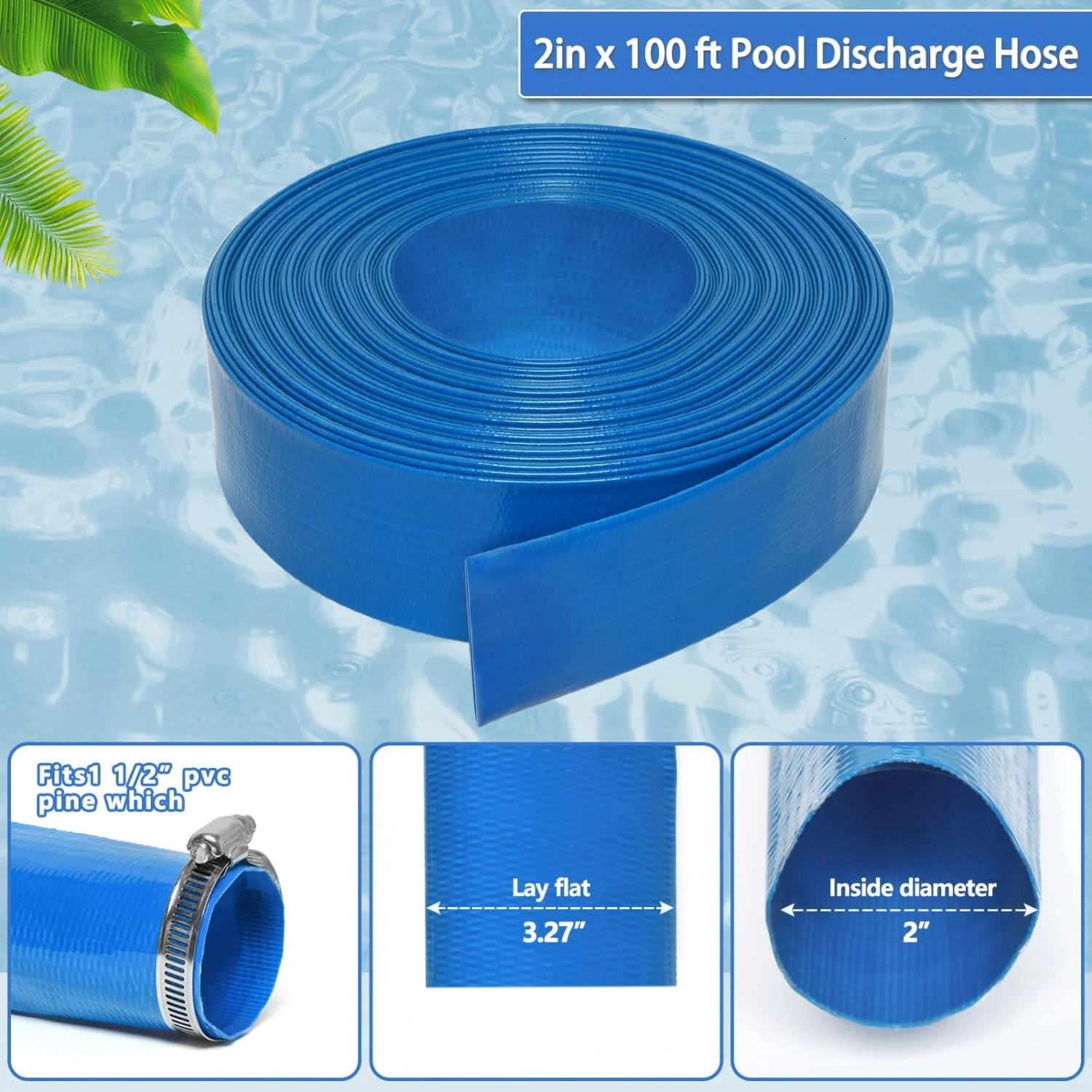 Gonioa 2 inches x 100 FT Heavy-Duty PVC Swimming Pool Backwash Hose, Reinforced Discharge Hose with Clamp for Swimming Pools, Blue - Image 4