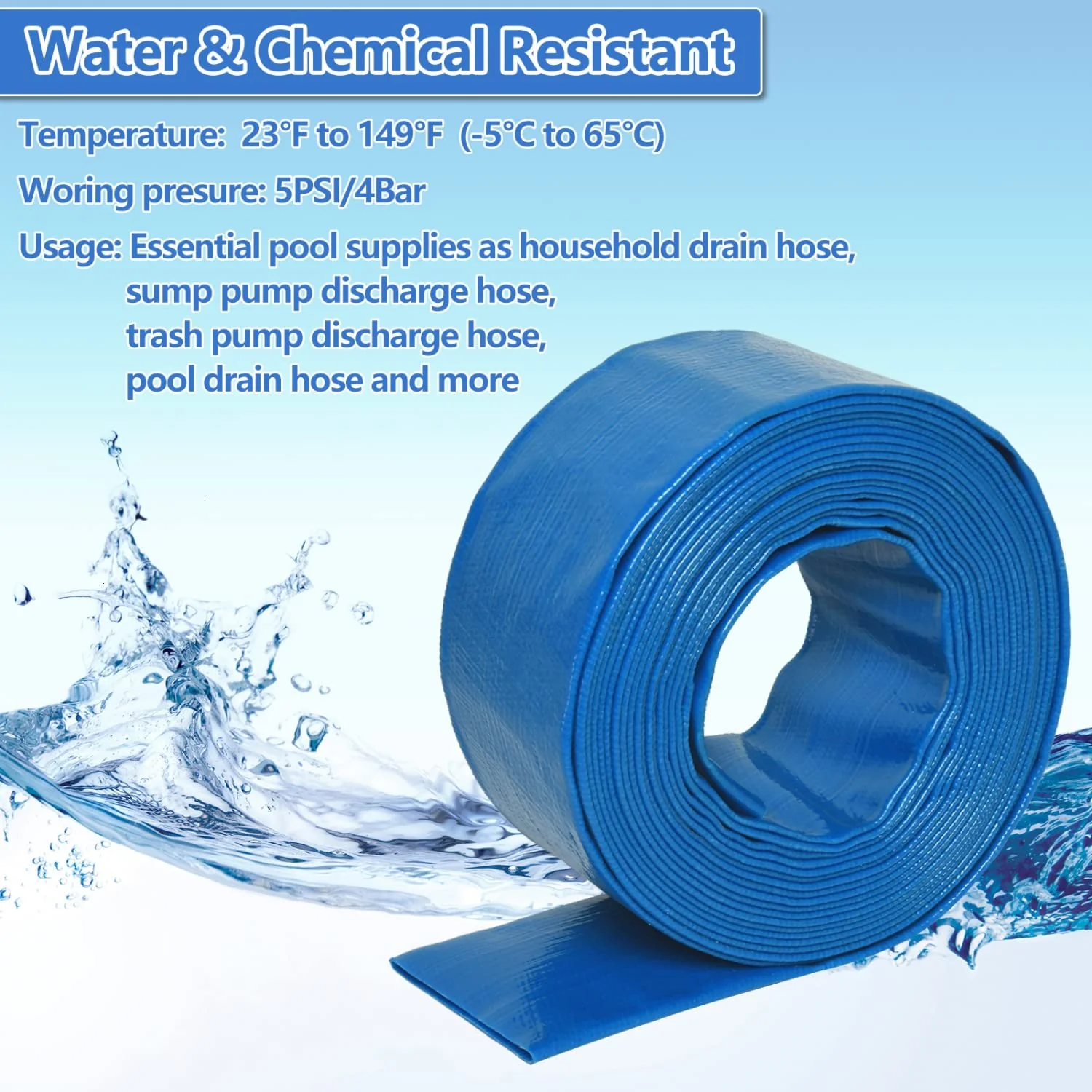 Gonioa 2 inches x 25 FT Heavy-Duty PVC Swimming Pool Backwash Hose, Reinforced Discharge Hose with Clamp for Swimming Pools, Blue - Image 2