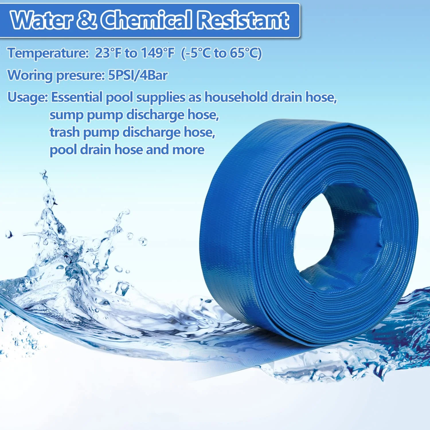 Gonioa 2 inches x 50 FT Heavy-Duty PVC Swimming Pool Backwash Hose, Reinforced Discharge Hose with Clamp for Swimming Pools, Blue - Image 4