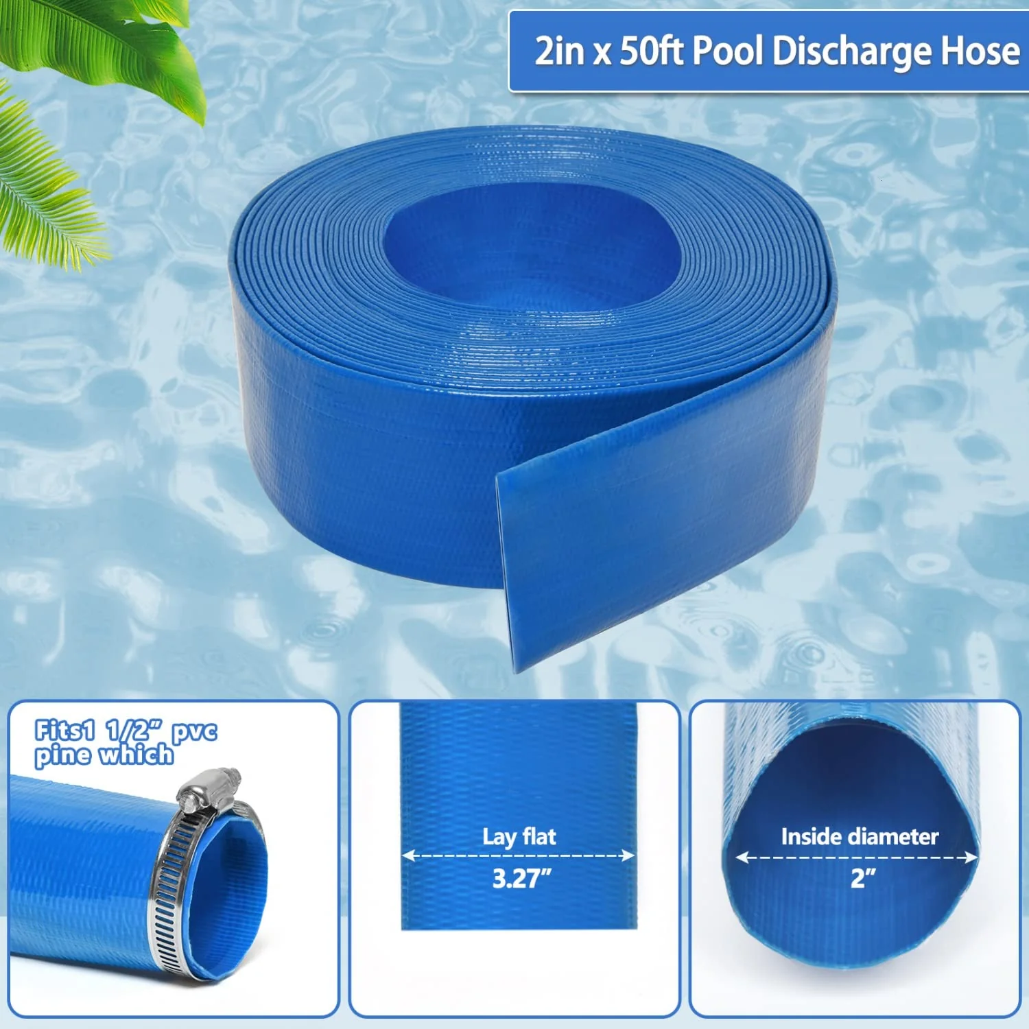 Gonioa 2 inches x 50 FT Heavy-Duty PVC Swimming Pool Backwash Hose, Reinforced Discharge Hose with Clamp for Swimming Pools, Blue - Image 5