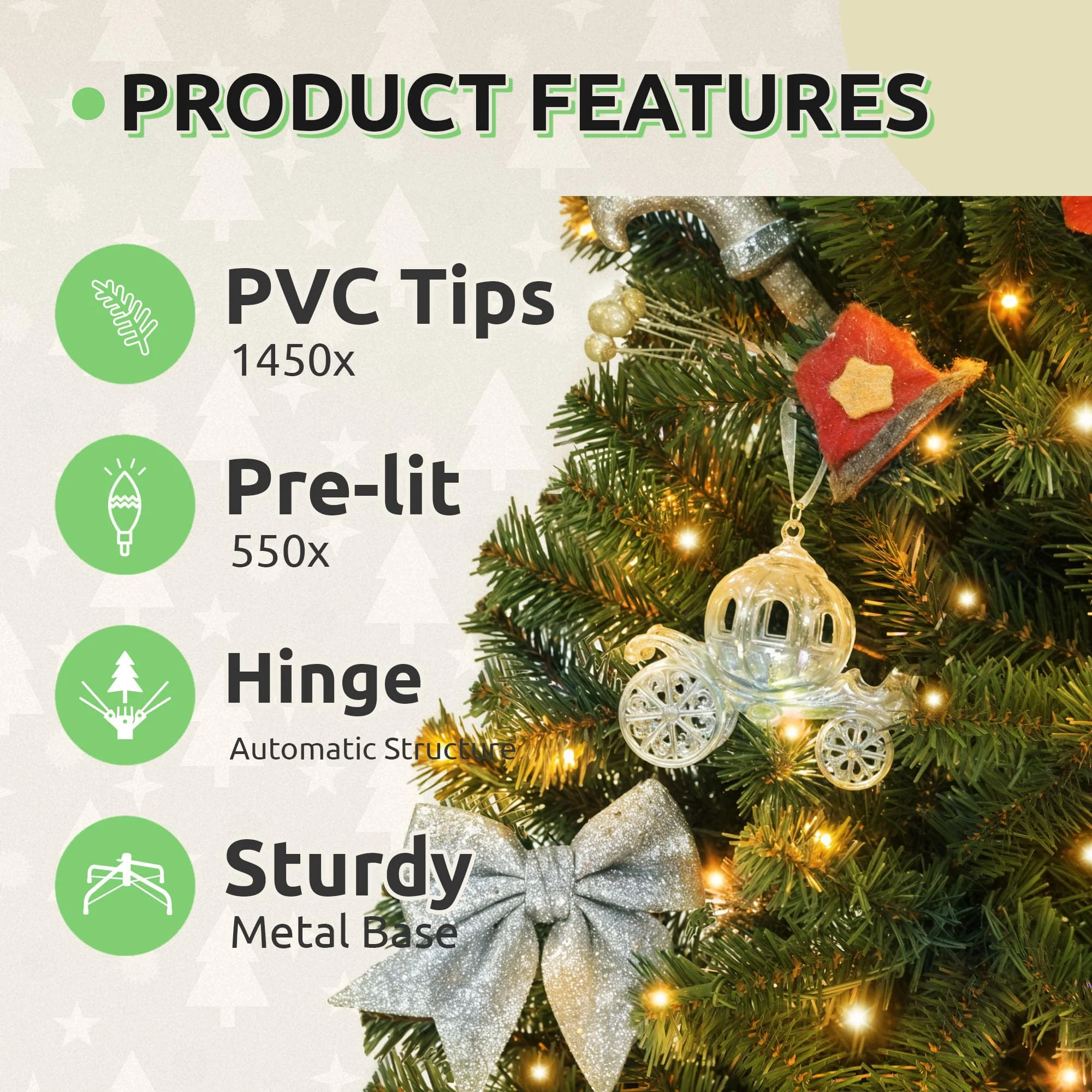 GOOBED Prelit Green Christmas Tree 7.5FT with Remote Control, Pre-Lit Green Artificial Hinged Spruce Christmas Tree with 1450 Tips, 550 LED Lights and 11 Light-Modes for Home, Party Decoration - Image 8
