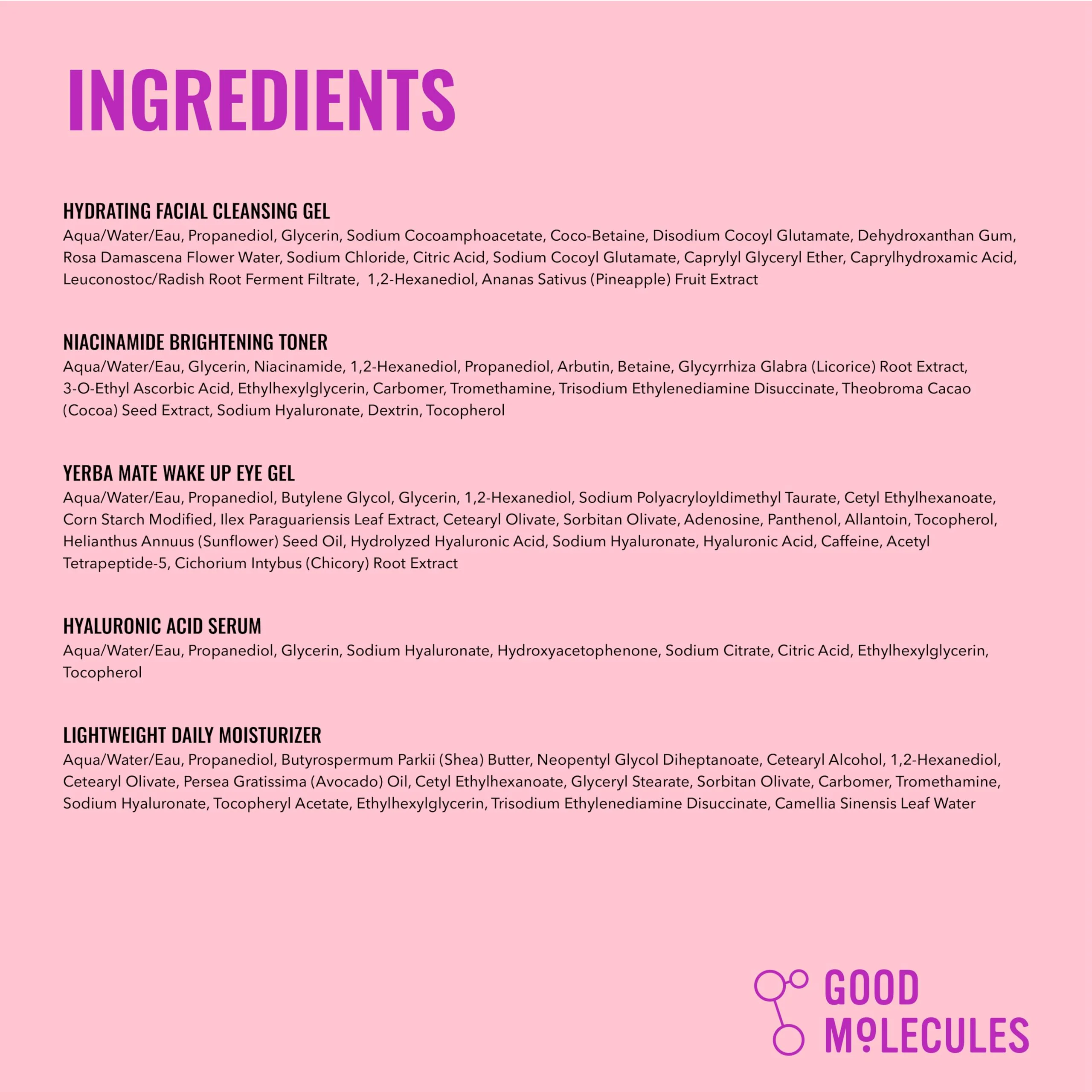Good Molecules Daily Skincare Routine Set with Hydrating Cleanser, Niacinamide Toner, Hyaluronic Acid Serum, Moisturizer, Eye Gel, 5 Pieces - Image 2