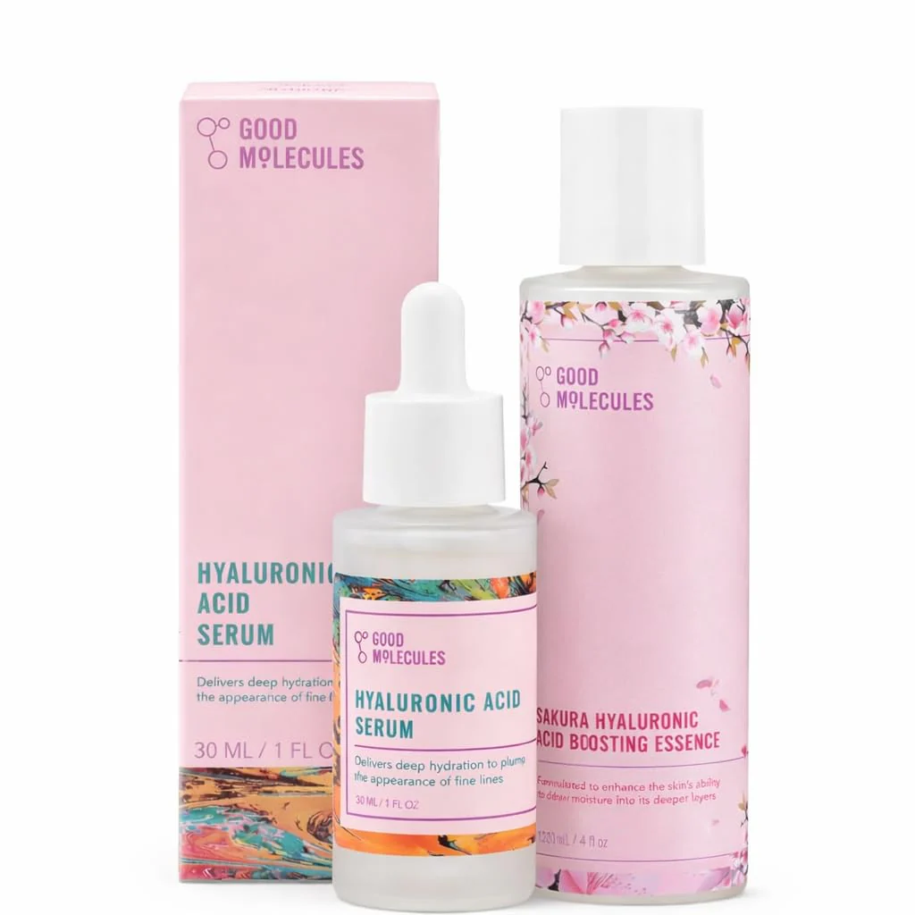 Good Molecules Hyaluronic Acid Serum and Sakura Essence Duo, Hydrating Skincare Set, 30ml Serum with 100ml Boosting Essence, All Skin Types