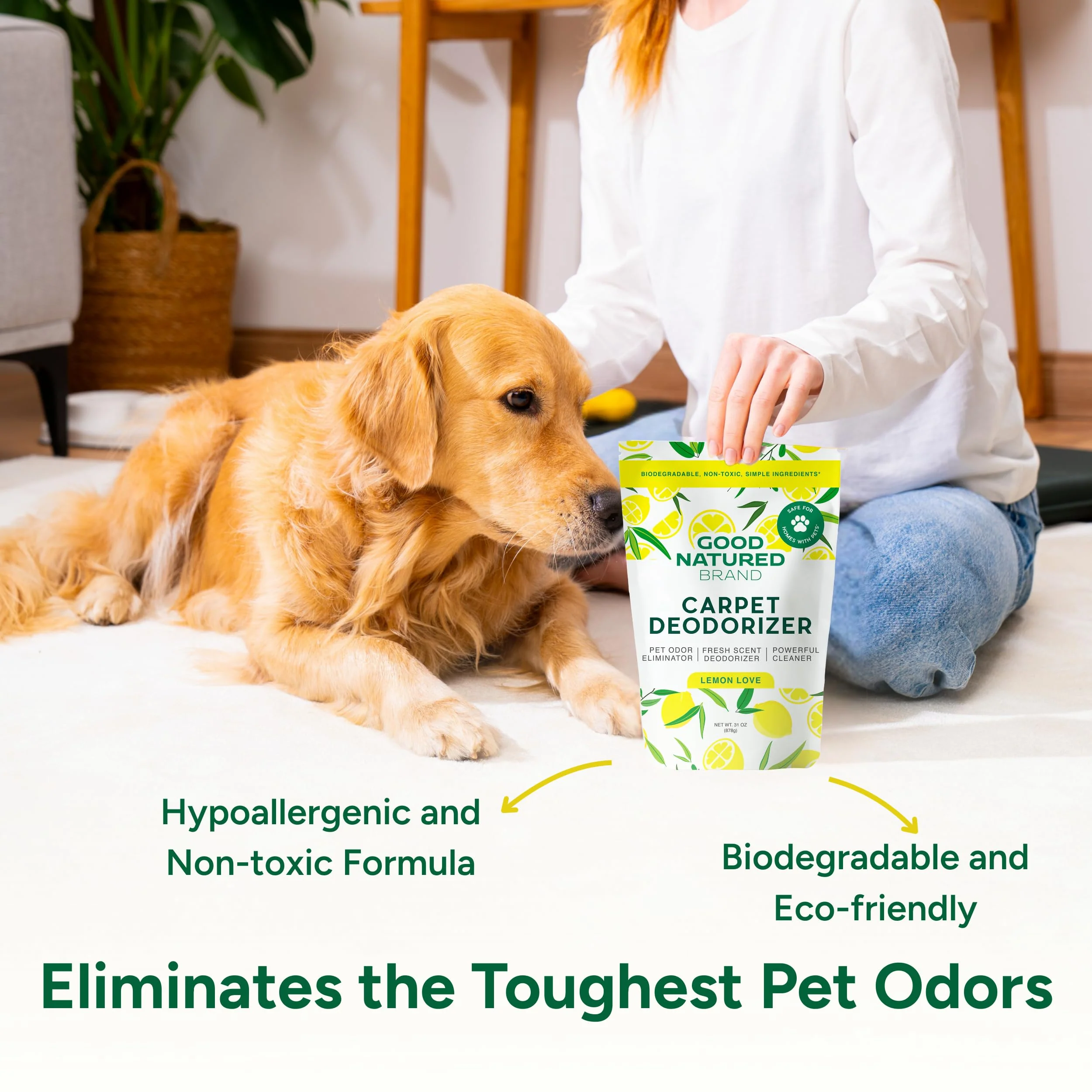 Good Natured Brand | Carpet Deodorizer & Freshener Powder | 31 oz Pet Odor Eliminator for Strong Odor & Pet Urine | Fresh Natural Lemon Scent | Safe for Homes with Pets - Image 4