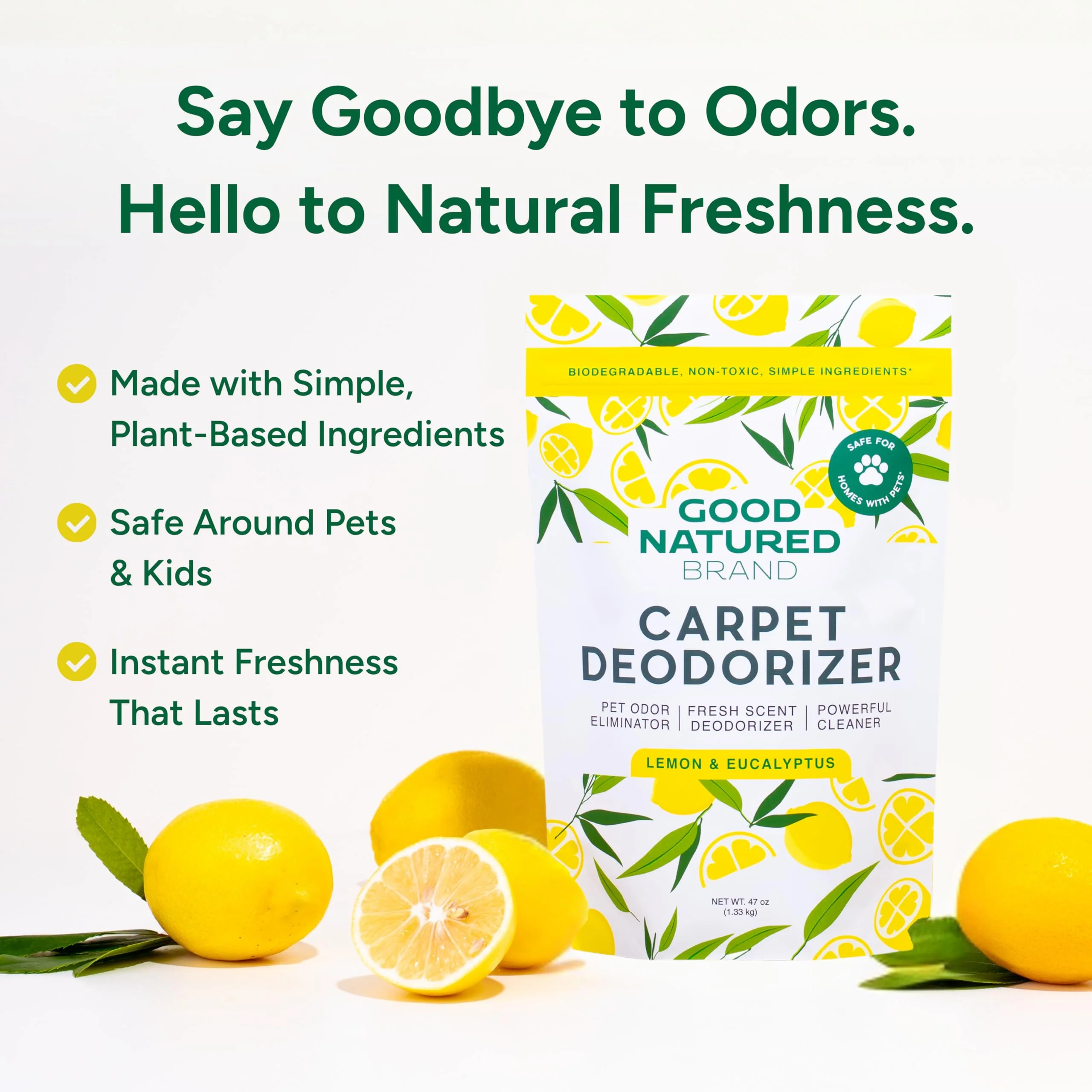 Good Natured Brand | Carpet Deodorizer & Freshener Powder | 47 oz Pet Odor Eliminator for Strong Odor & Pet Urine | Fresh Natural Lemon & Eucalyptus Scent | Safe for Homes with Pets - Image 2