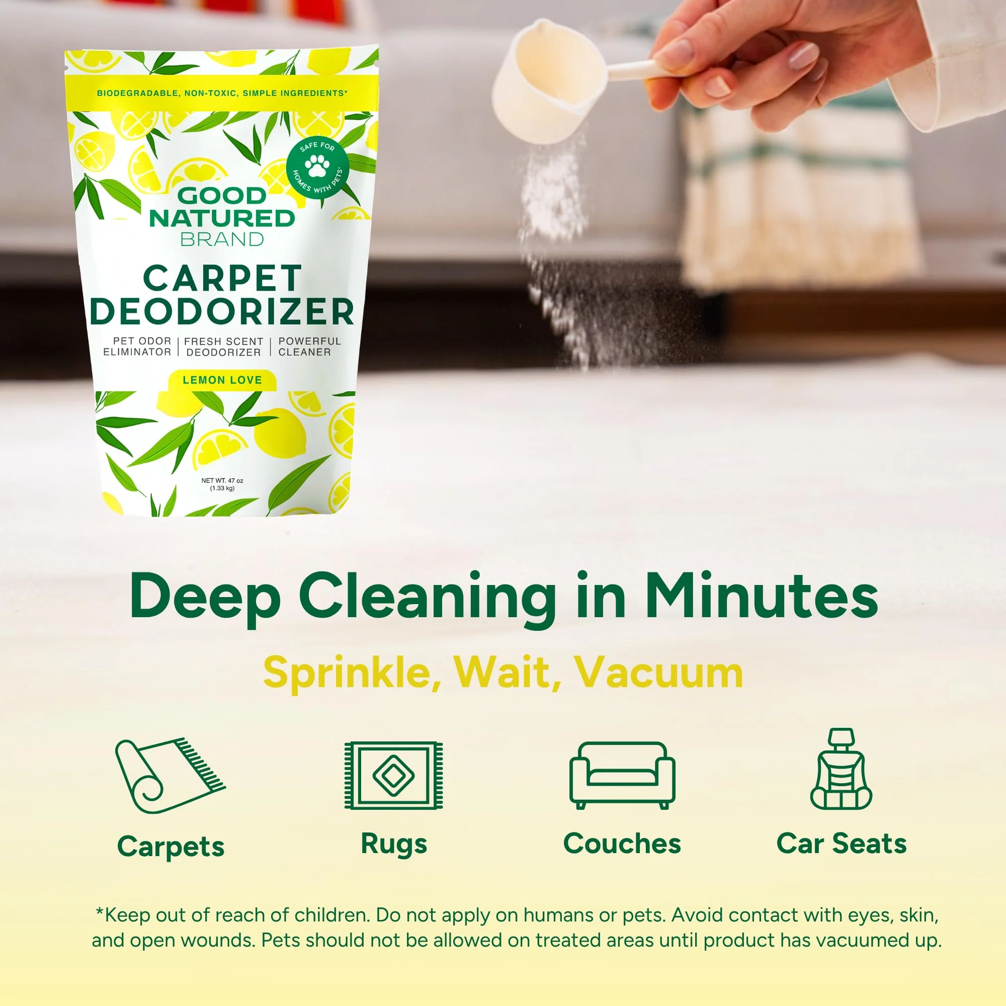 Good Natured Brand | Carpet Deodorizer & Freshener Powder | 47 oz Pet Odor Eliminator for Strong Odor & Pet Urine | Fresh Natural Lemon & Eucalyptus Scent | Safe for Homes with Pets - Image 3