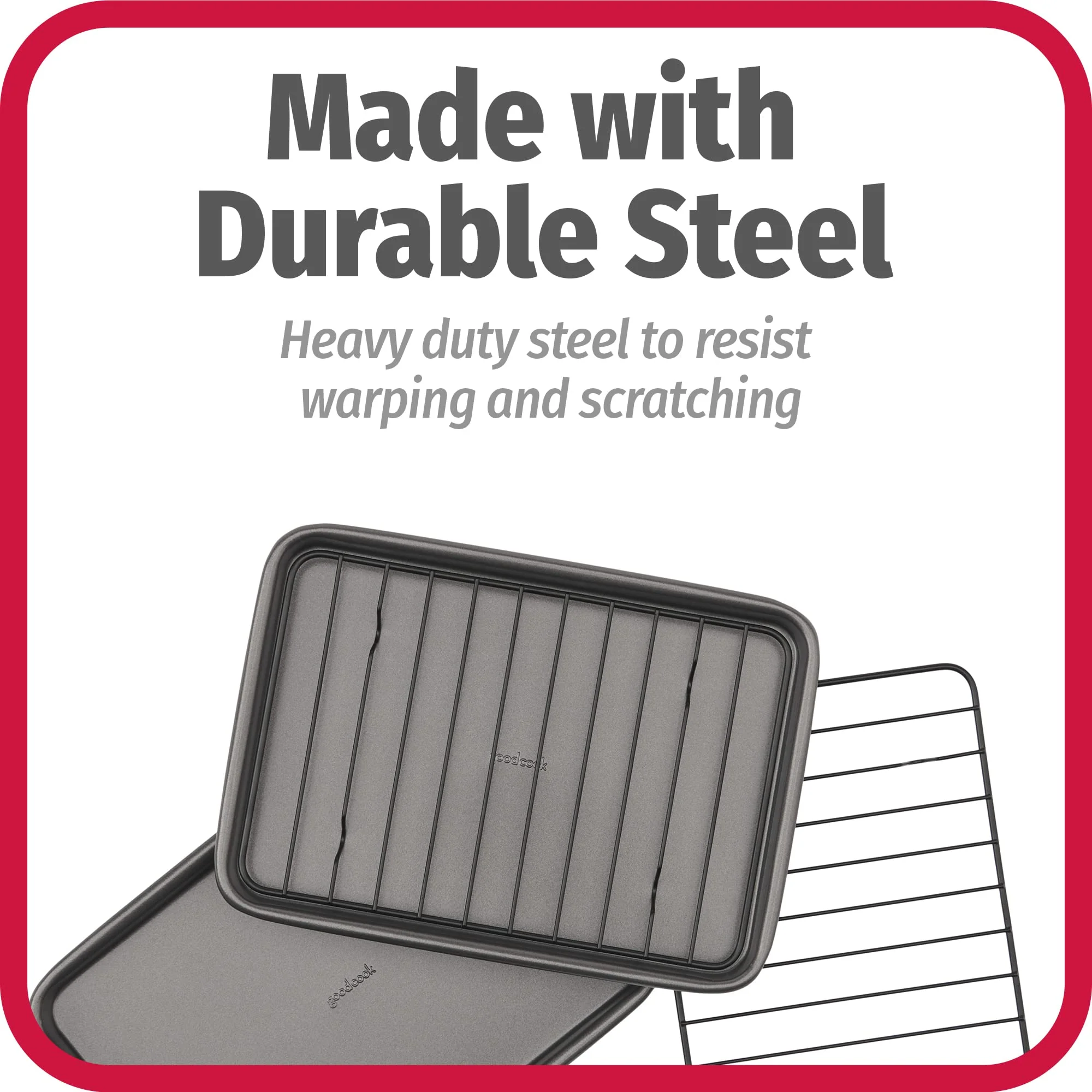 GoodCook Set of 2 Nonstick Steel 9" x 6.2" Toaster Oven Mini Baking Sheets with Racks, Gray - Image 2