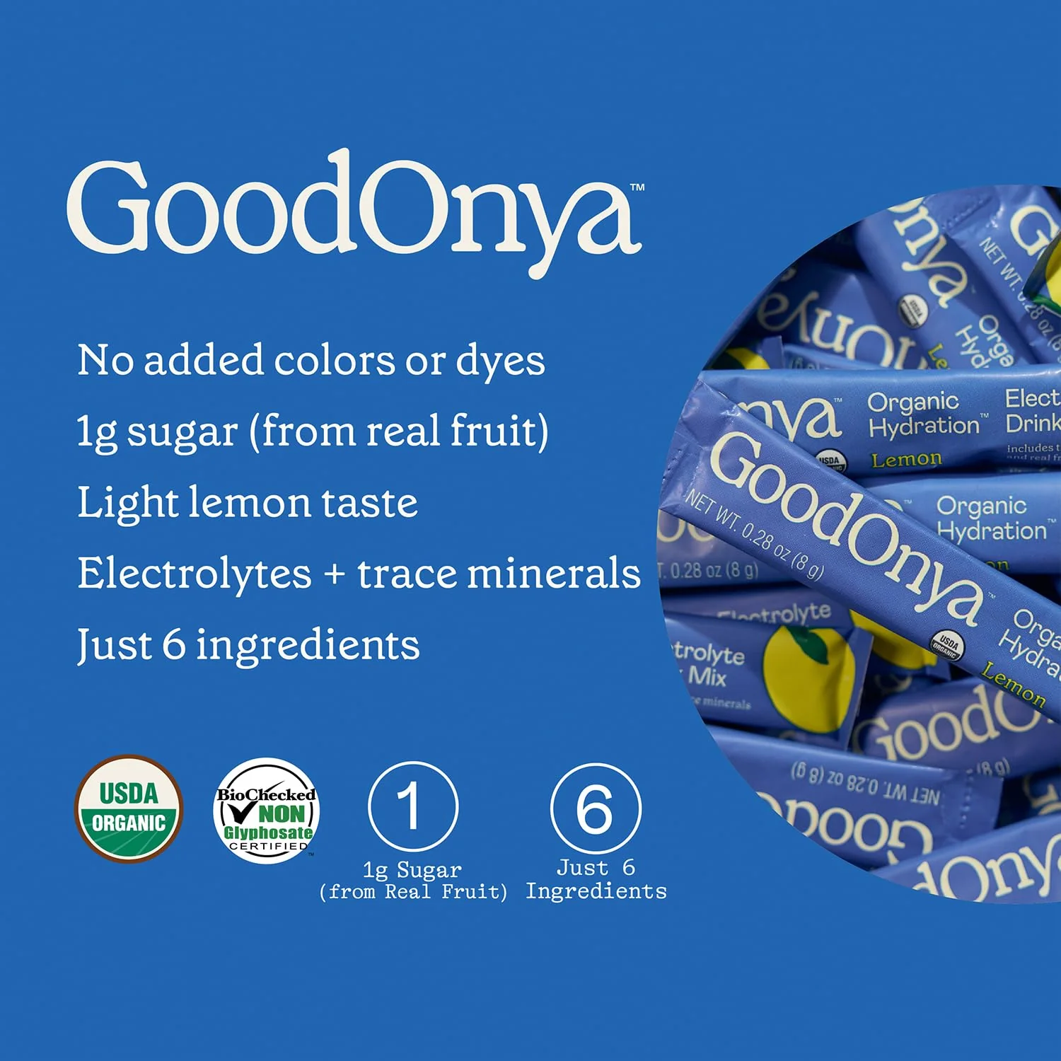 GOODONYA Organic Hydration Electrolyte Drink Mix, Certified Organic Hydration Powder, Non-GMO, Biochecked Glyphosate Free, Low Sugar, Lemonade Flavor, No Artificial Flavors,12 Stick Packs - Image 7