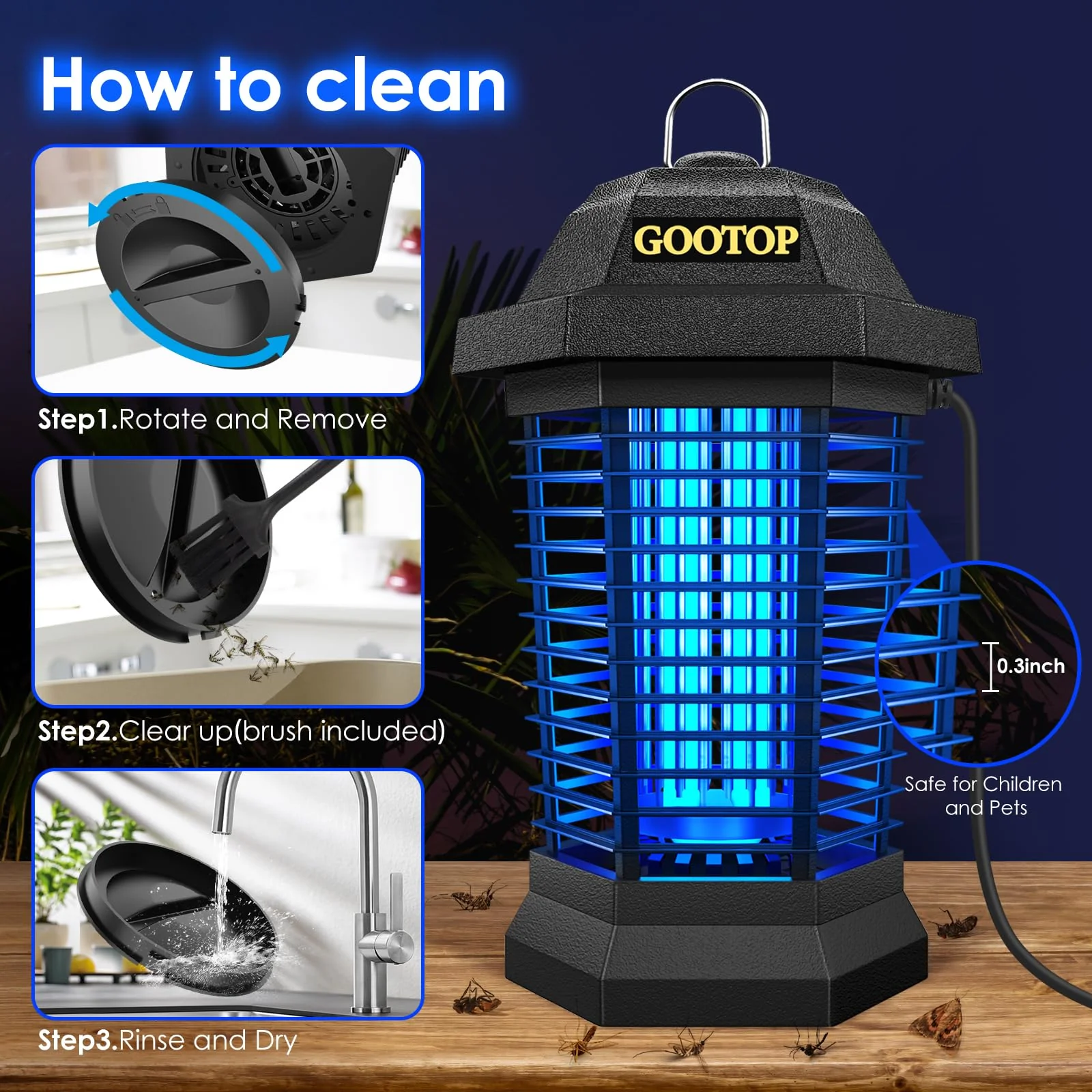 GOOTOP Bug Zapper Outdoor, Mosquito Zapper, 3 Prong Plug in Electric Fly Zapper, Mosquito Killer, Fly Traps, Flying Insects Zapper Indoor Outdoor, 4200V, ABS Plastic Outer (Black) - Image 3