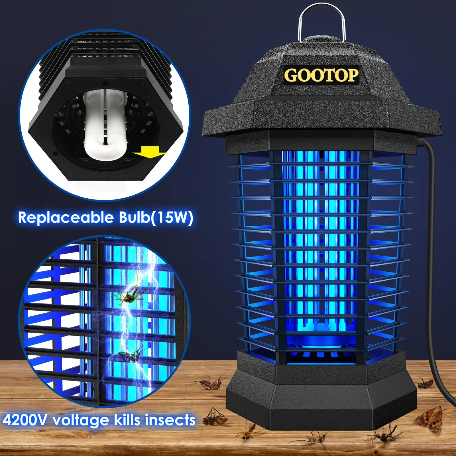 GOOTOP Bug Zapper Outdoor, Mosquito Zapper, 3 Prong Plug in Electric Fly Zapper, Mosquito Killer, Fly Traps, Flying Insects Zapper Indoor Outdoor, 4200V, ABS Plastic Outer (Black) - Image 7
