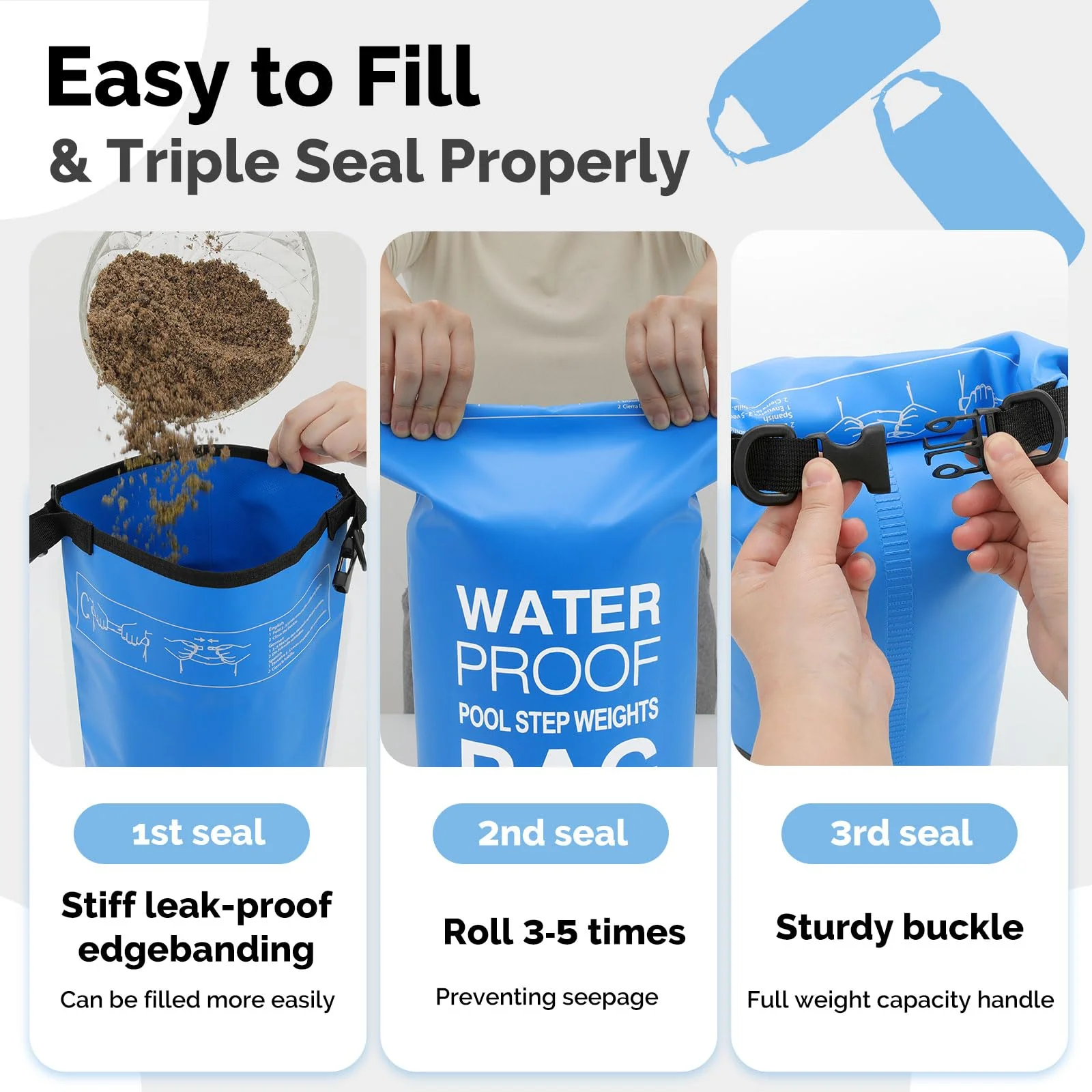 Goovilla Pool Ladder Weights Universal | 2 Pack 10L 500D PVC Waterproof Tear-Resistance Sand Bags for Above Ground Pools Steps | Easy to Fill and Seal with Strong Handle and 2 Straps (Sky Blue) - Image 6