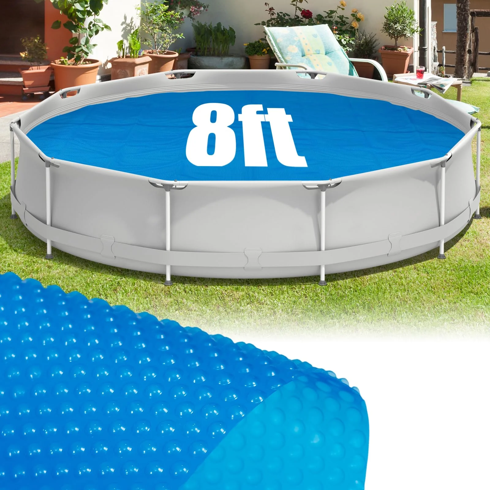 Goplus 8 FT Round Solar Pool Cover, 12 Mil Above-Ground & In-ground Swimming Pool Heat Retaining Blanket, Heavy-Duty Thermal Insulating Bubble Wrap Cover for Hot Tub SPA (Blue, Round 8 FT)