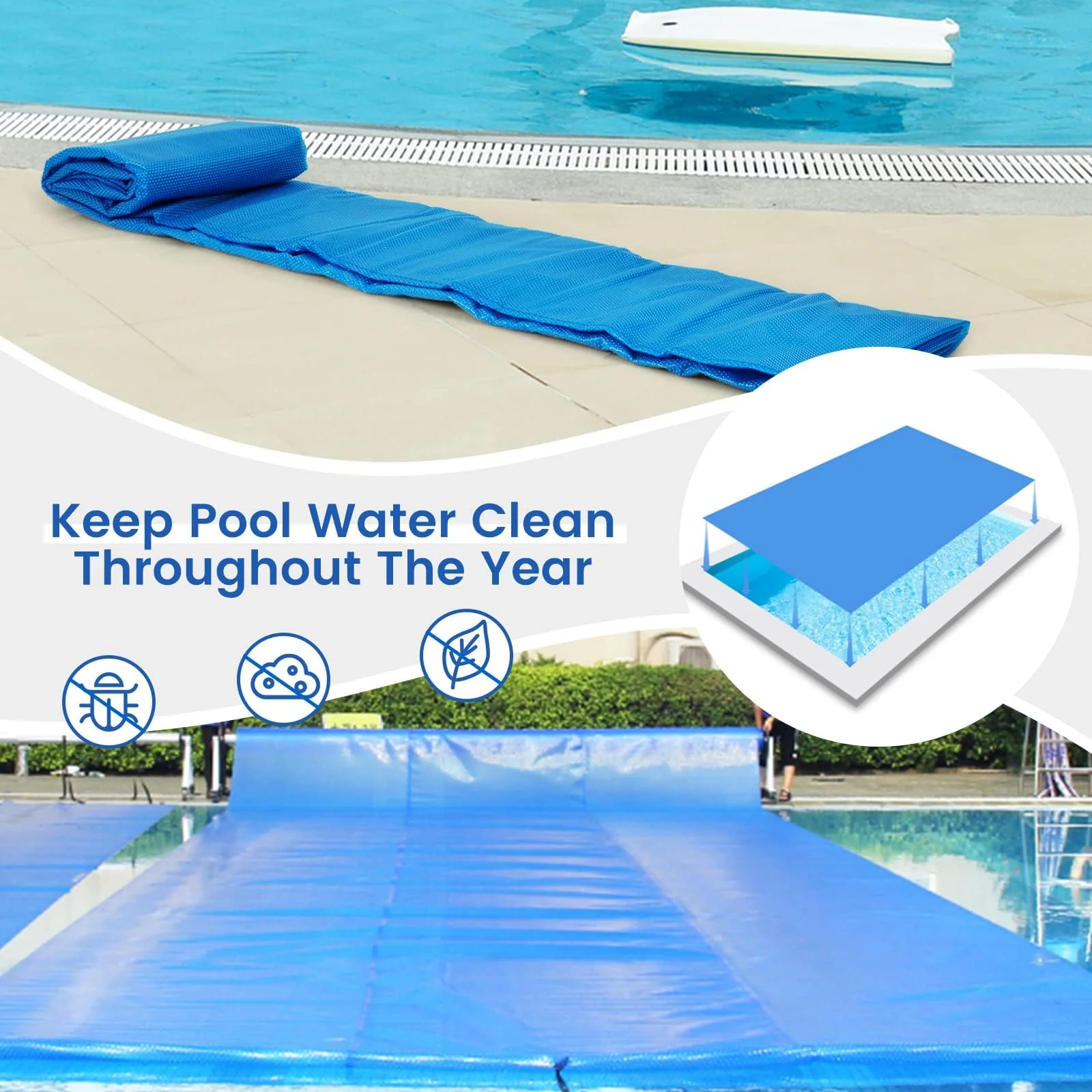 Goplus Pool Cover, 12 x 24 FT Solar Blanket 12 Mil with Carrying Bag for In-Ground and Above-Ground Swimming Pools, Rectangle Hot Tub SPA Thermal Blanket, Blue Bubble - Image 8